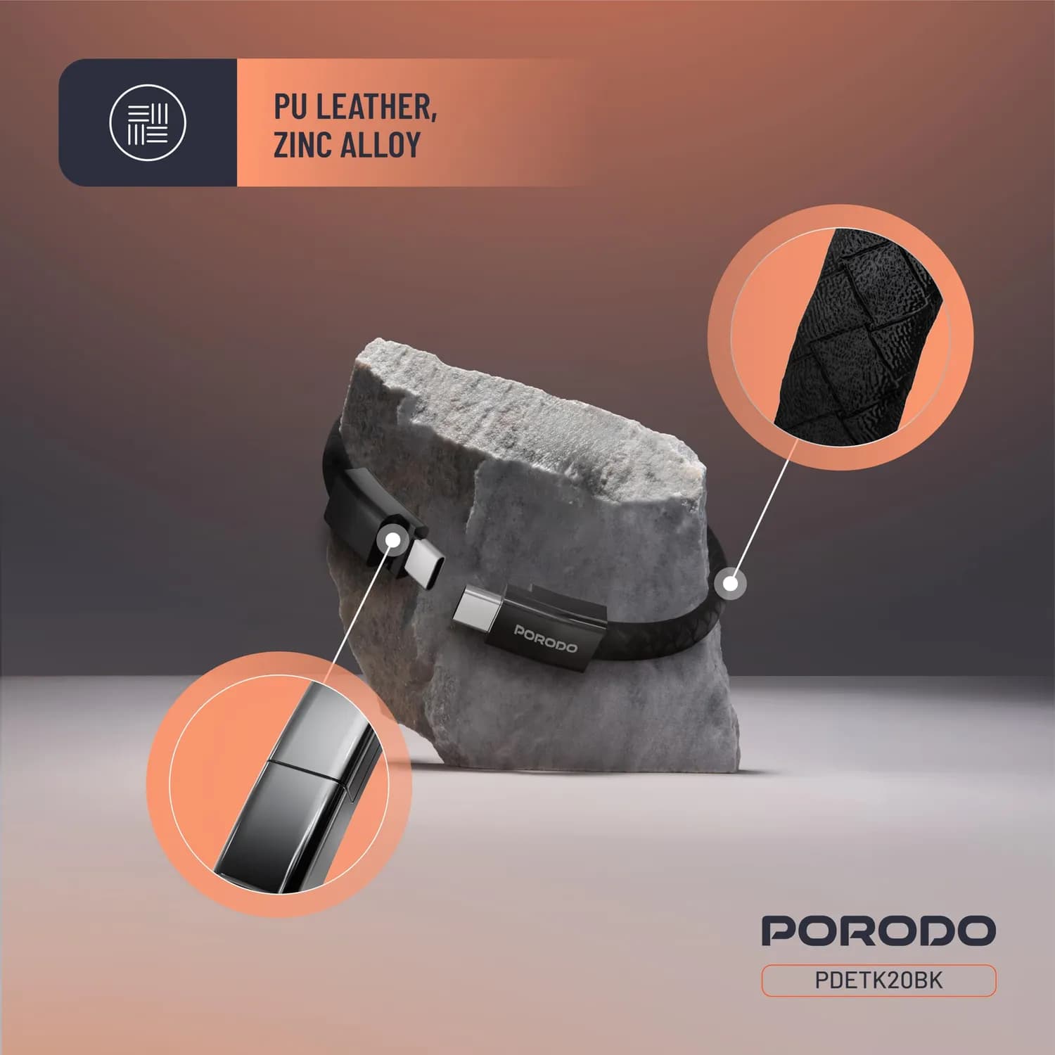 Porodo USB-C Cable - 60W PD, Braided Leather, Black 5