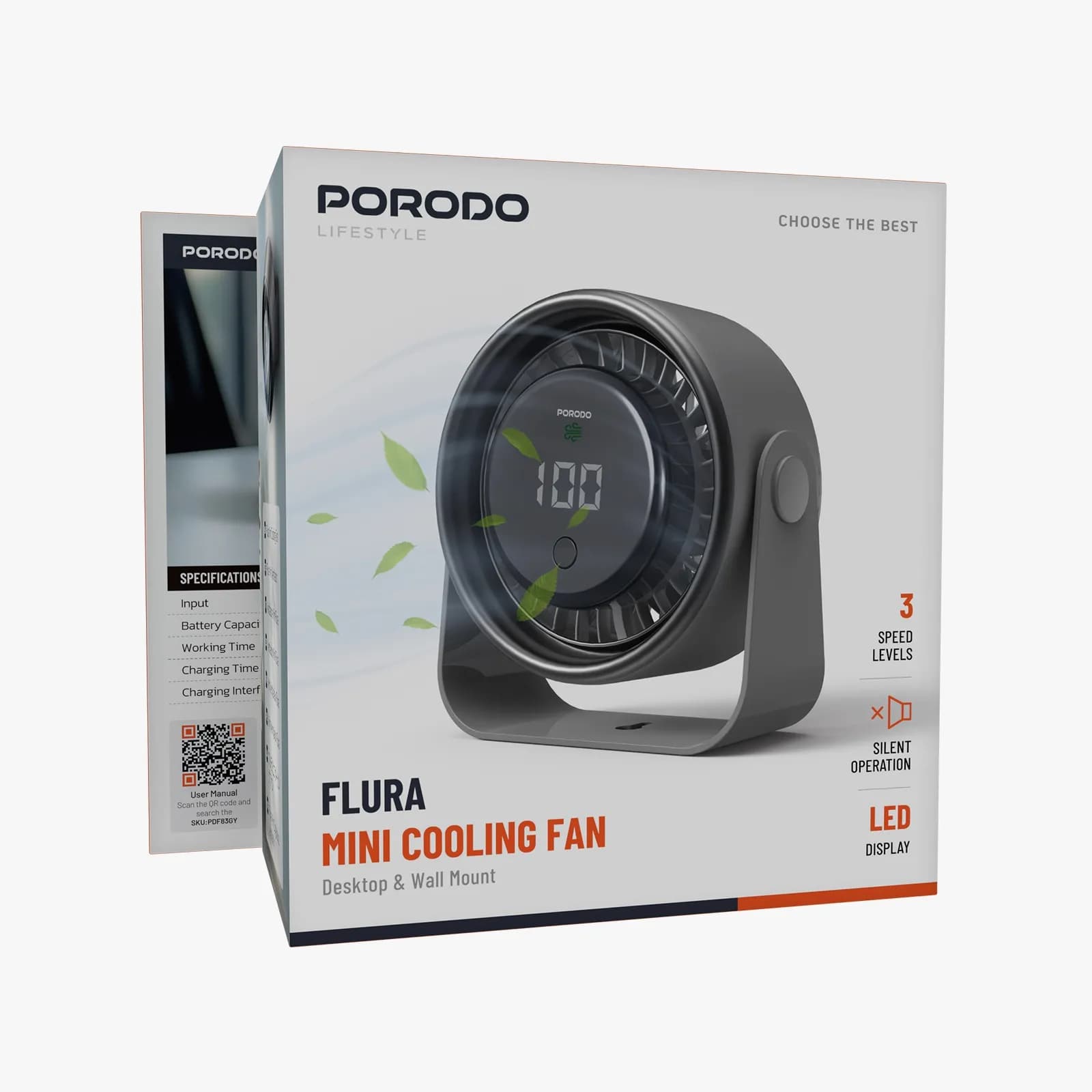 Porodo Lifestyle Flura Mini Cooling Fan With Desktop & Wall Mount 2