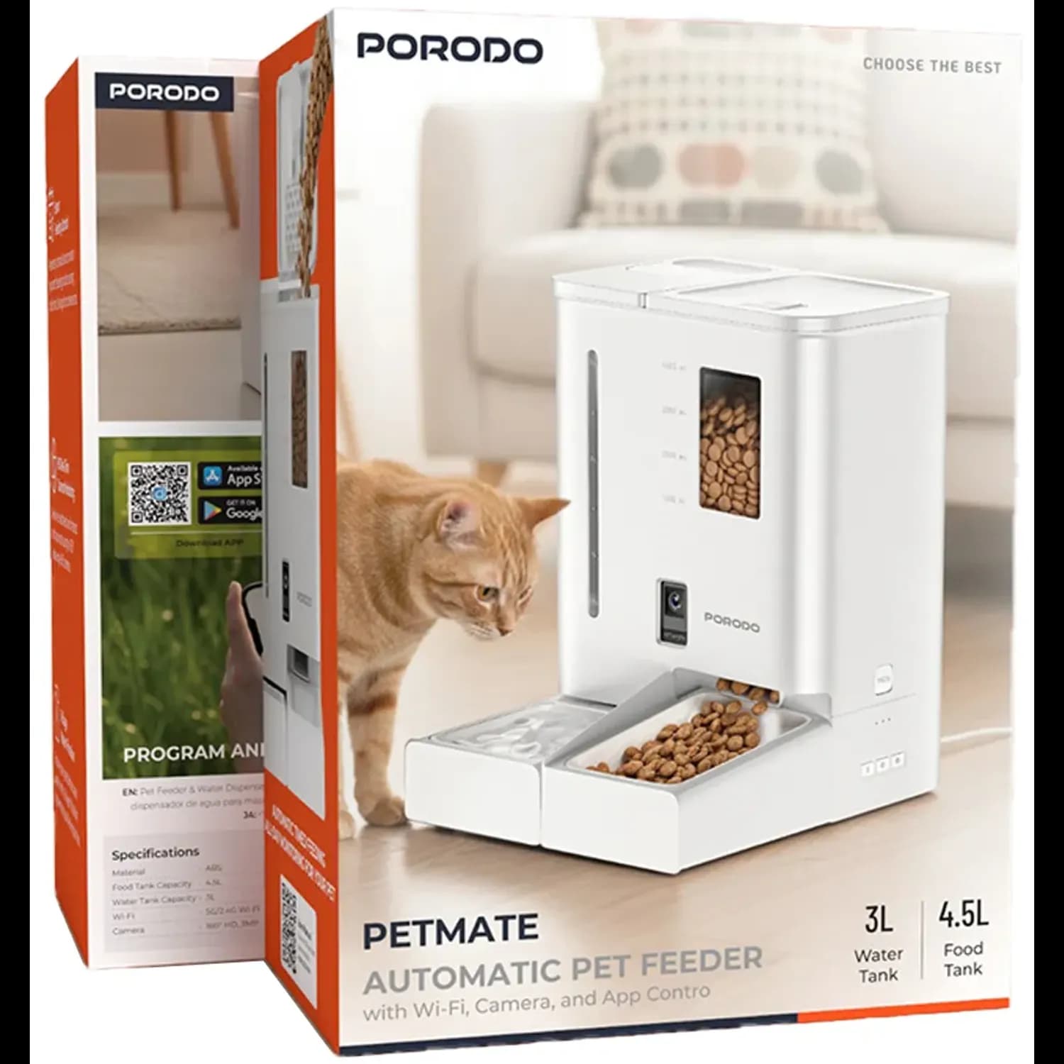 Porodo Petmate Automatic Feeder - Wi-Fi, 5L Food & 4L Water, White 5