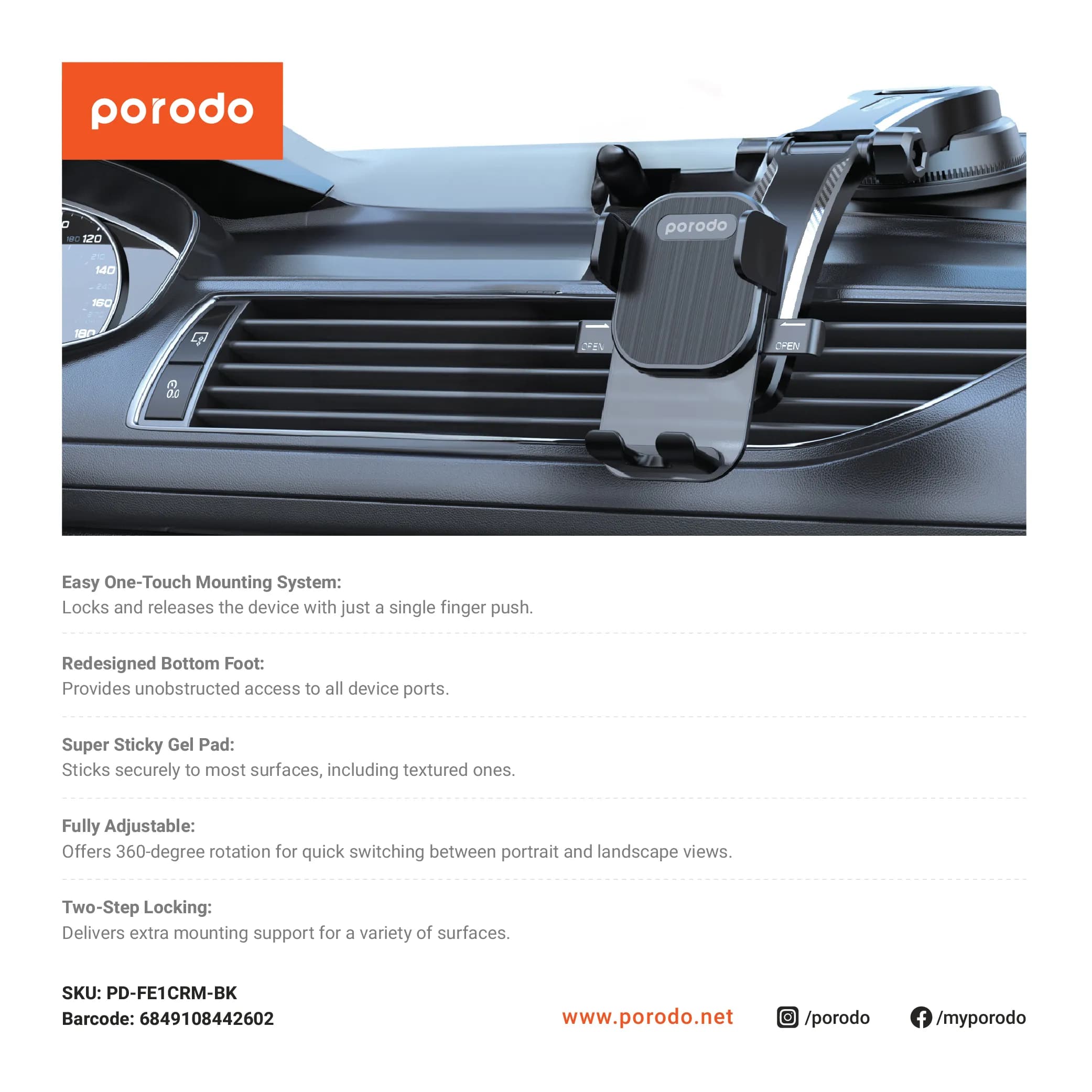 Porodo Easy One Touch Car Mount - Black 3