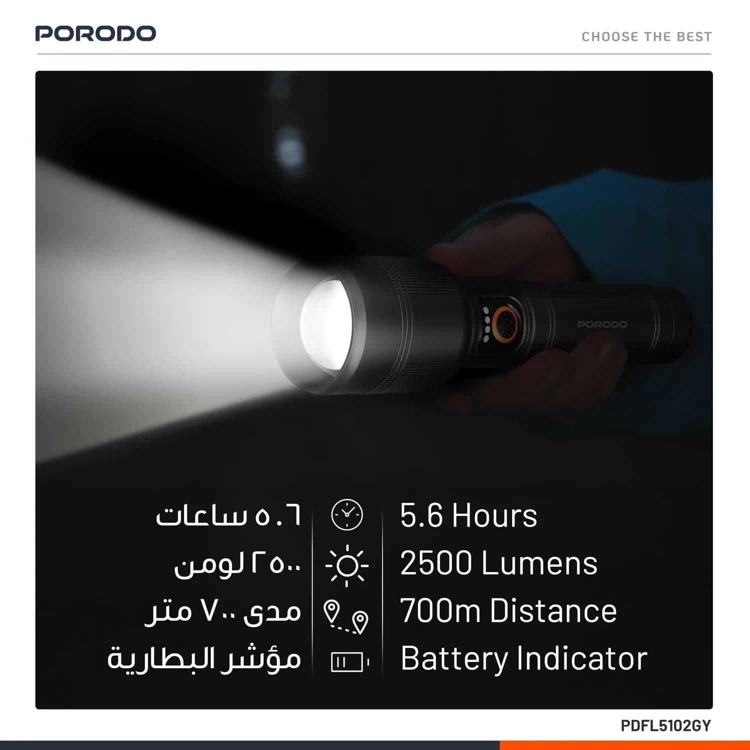 Porodo Flashlight Lumalite 1200 - 1200 Lumens, Grey 2