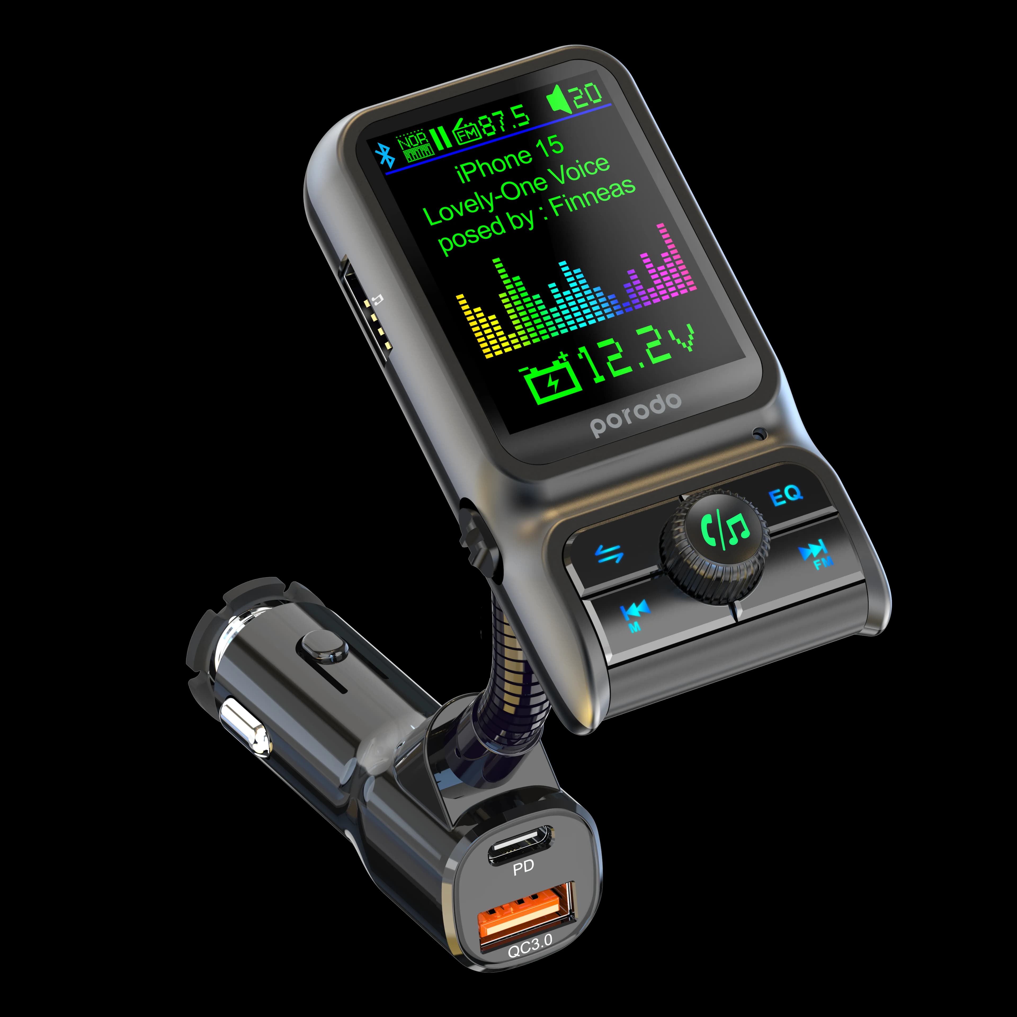 Porodo Dual Port Car Charger FM Transmitter PD 36W QC 18W - Black 2