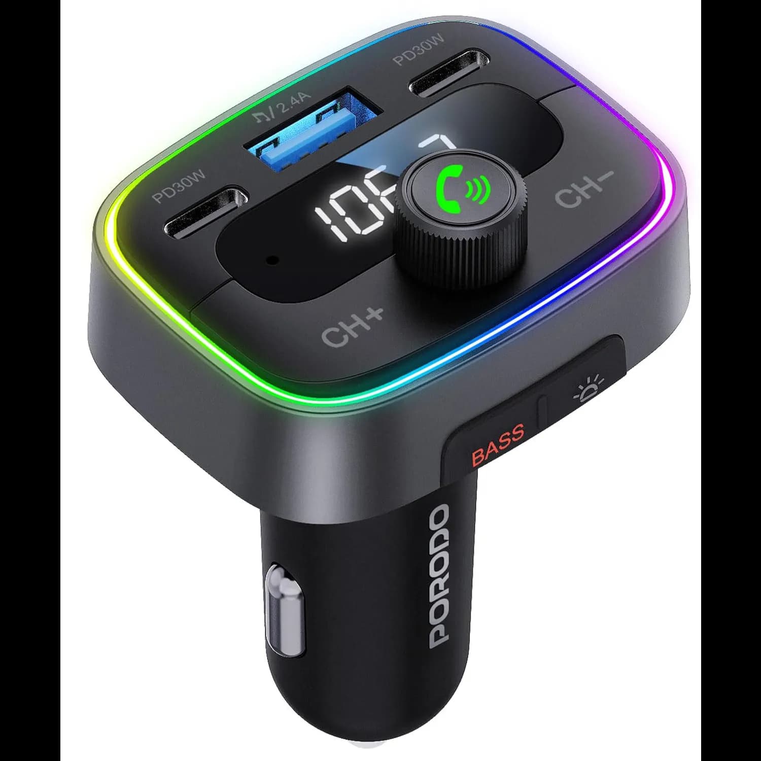 Porodo Smart Car Charger - 60W Dual USB-C, Bluetooth 5.4, RGB Lights 3