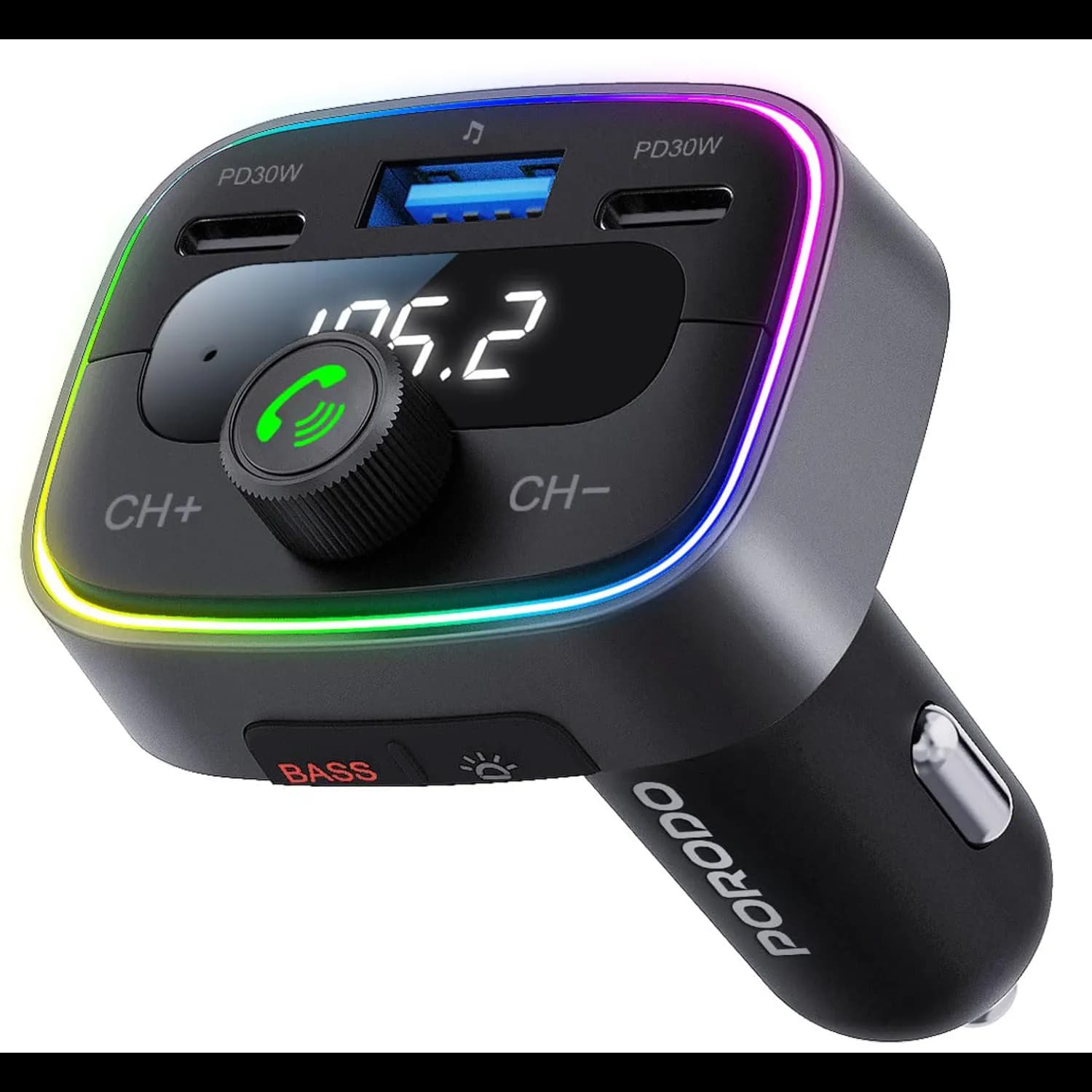 Porodo Smart Car Charger - 60W Dual USB-C, Bluetooth 5.4, RGB Lights 1