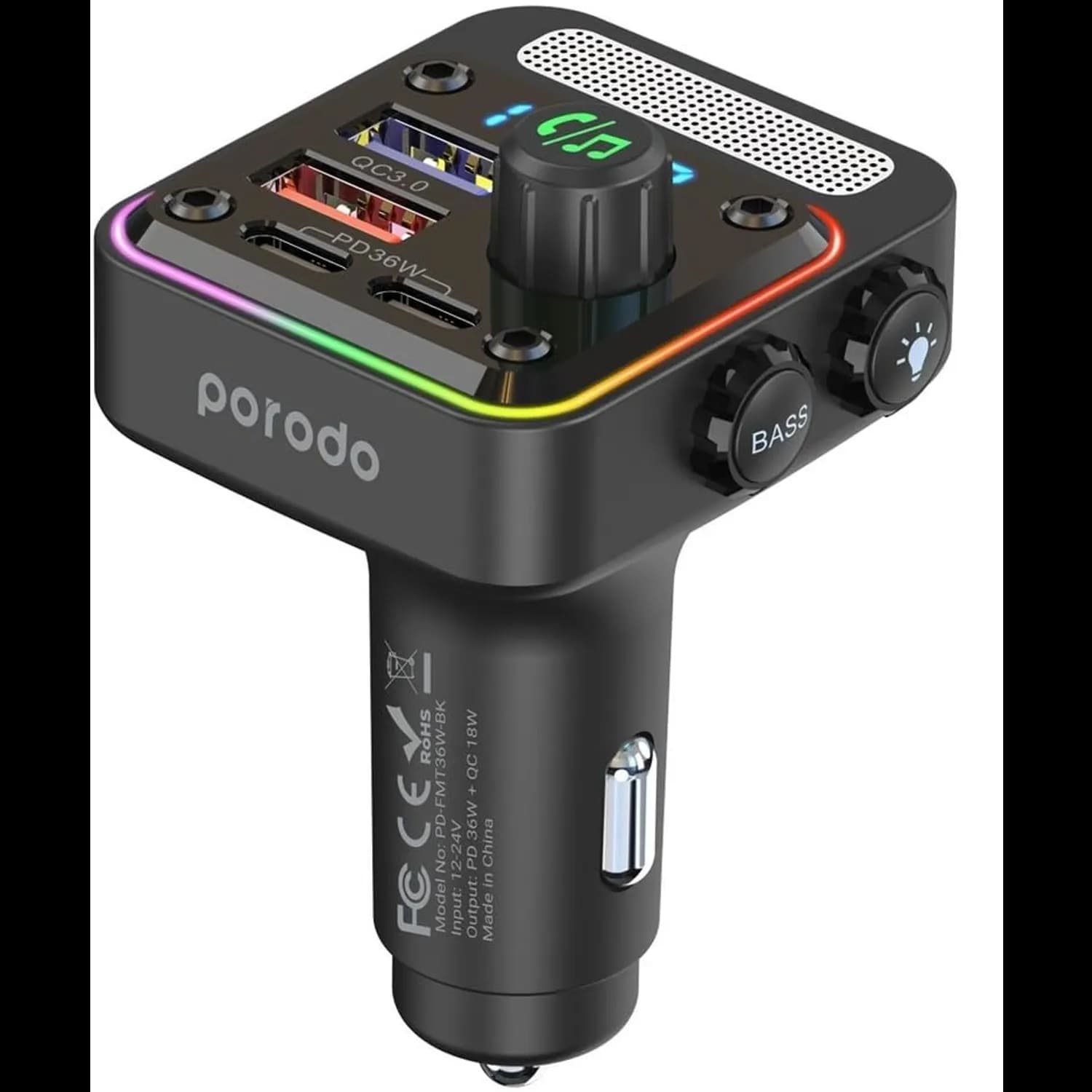 Porodo FM Car Charger - Dual USB-C & USB-A 36W, Black 2