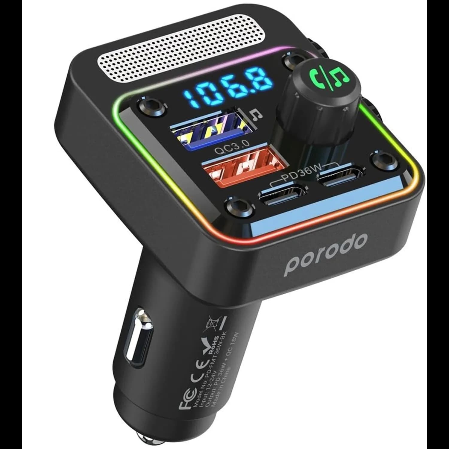 Porodo FM Car Charger - Dual USB-C & USB-A 36W, Black 1 Porodo FM Car Charger - Dual USB-C & USB-A 36W, Black 1