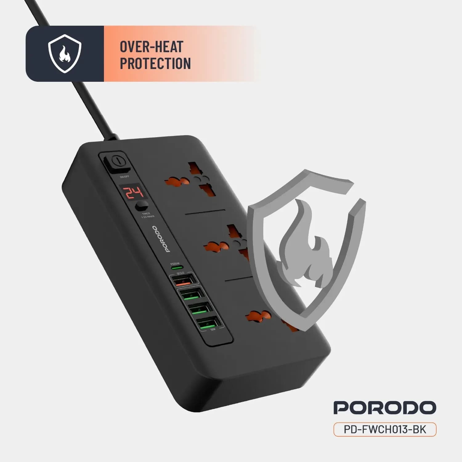 Porodo Power Hub - 3000W, 4x USB-A, 1x USB-C PD 20W, Black 2