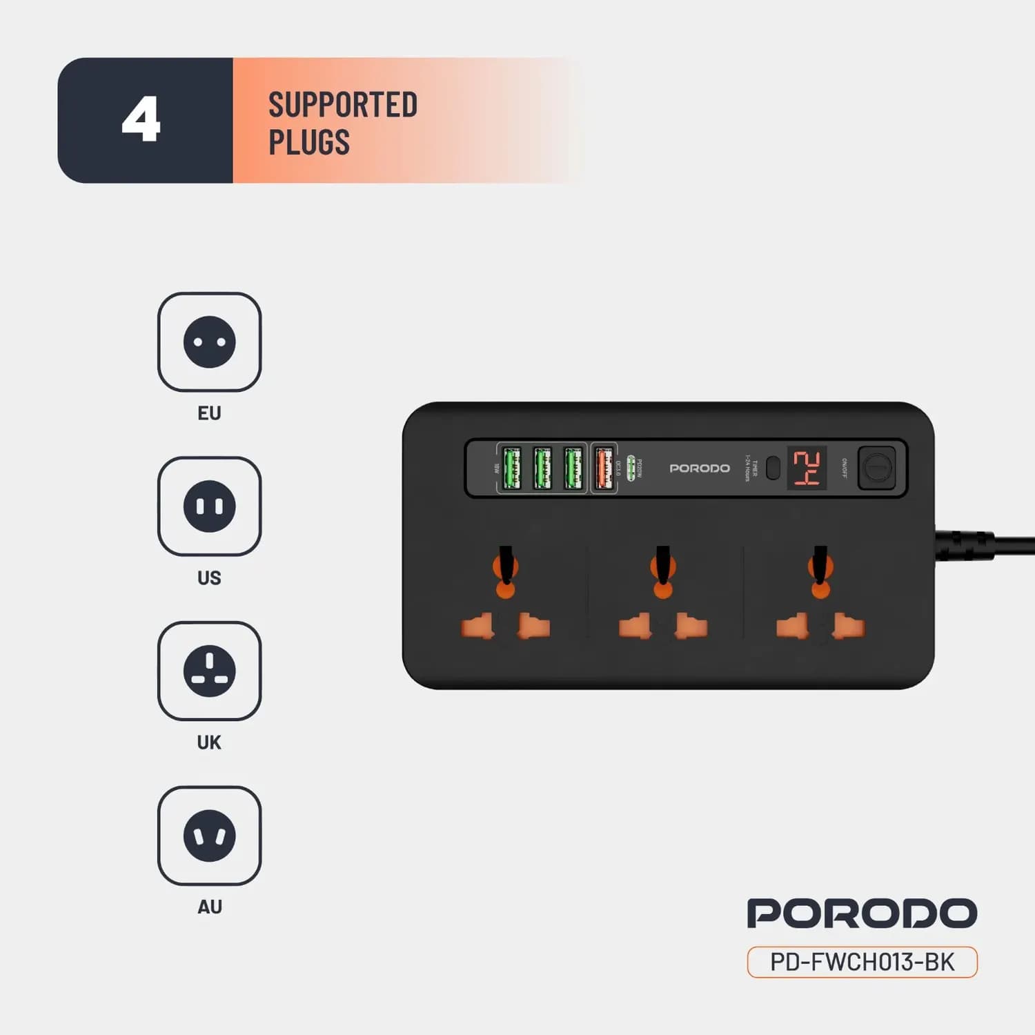 Porodo Power Hub - 3000W, 4x USB-A, 1x USB-C PD 20W, Black 3