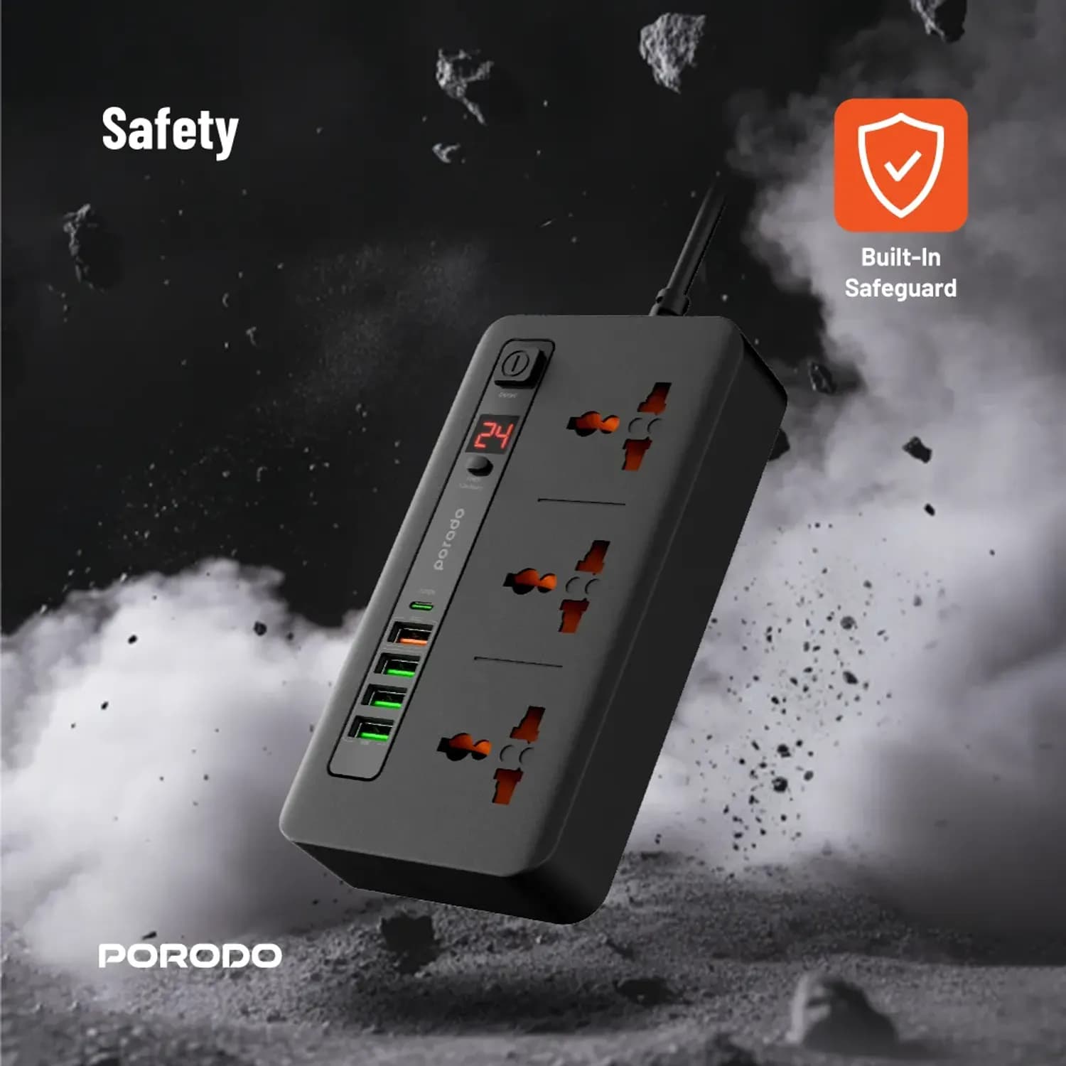 Porodo Power Hub - 3000W, 4x USB-A, 1x USB-C PD 20W, Black 4