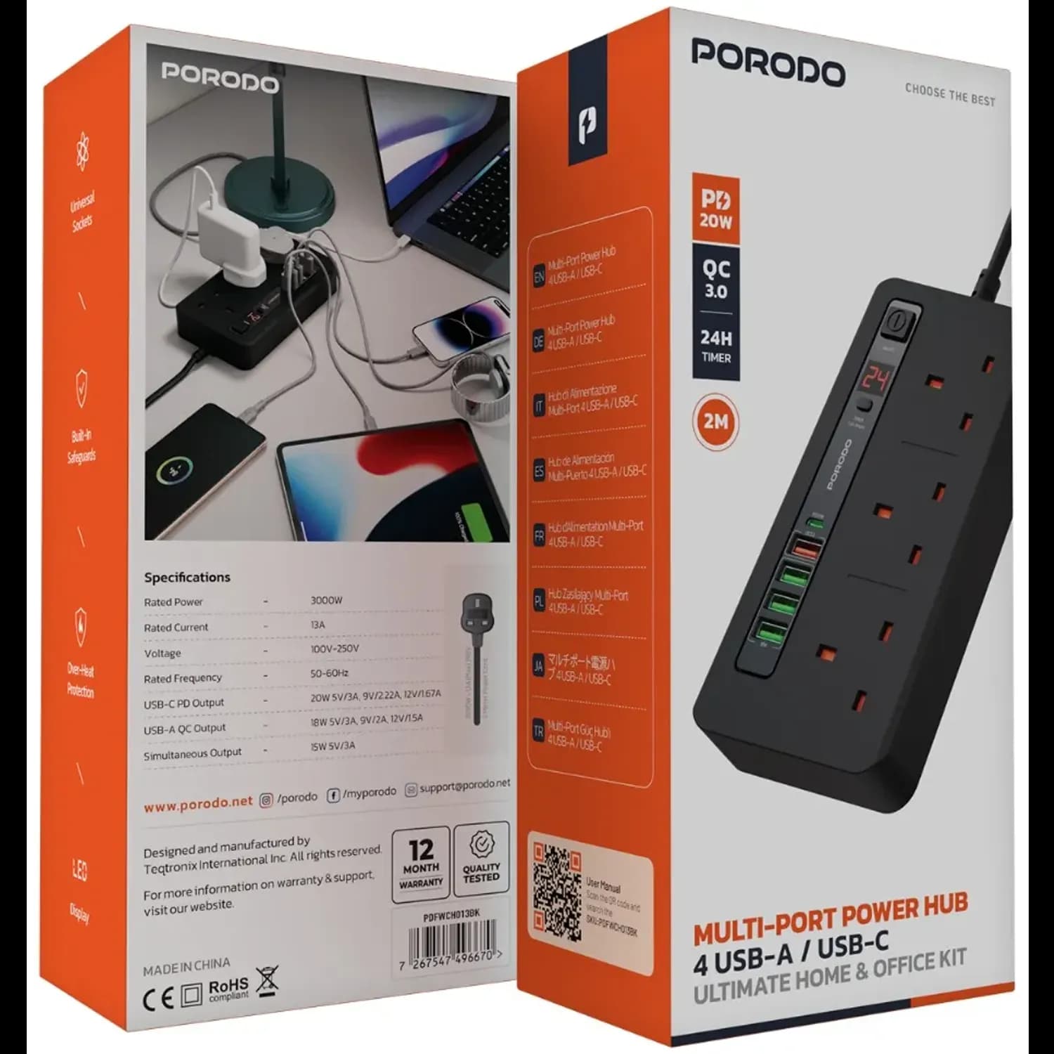Porodo Power Hub - 3000W, 4x USB-A, 1x USB-C PD 20W, Black 5