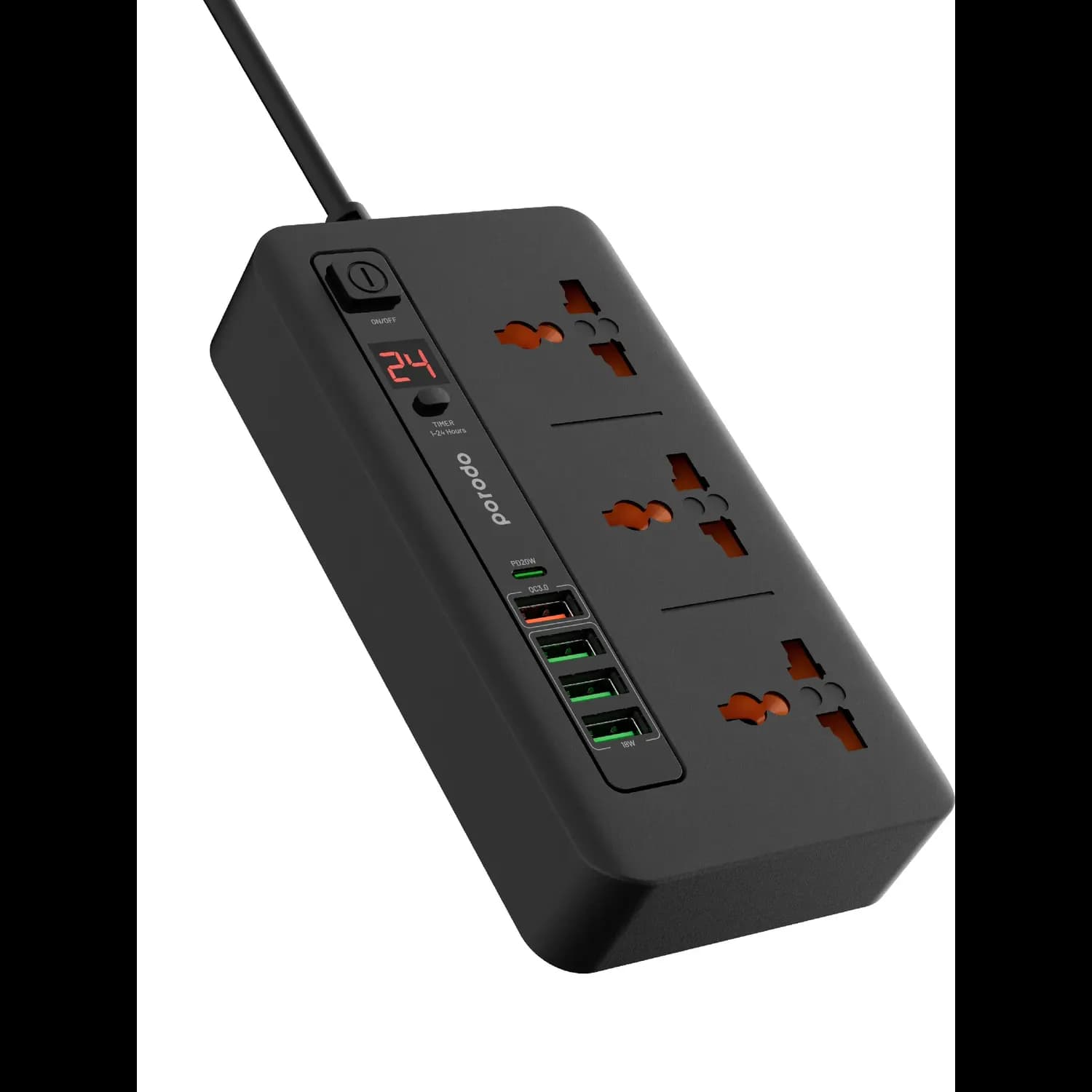 Porodo Power Hub - 3000W, 4x USB-A, 1x USB-C PD 20W, Black 1 Porodo Power Hub - 3000W, 4x USB-A, 1x USB-C PD 20W, Black 1