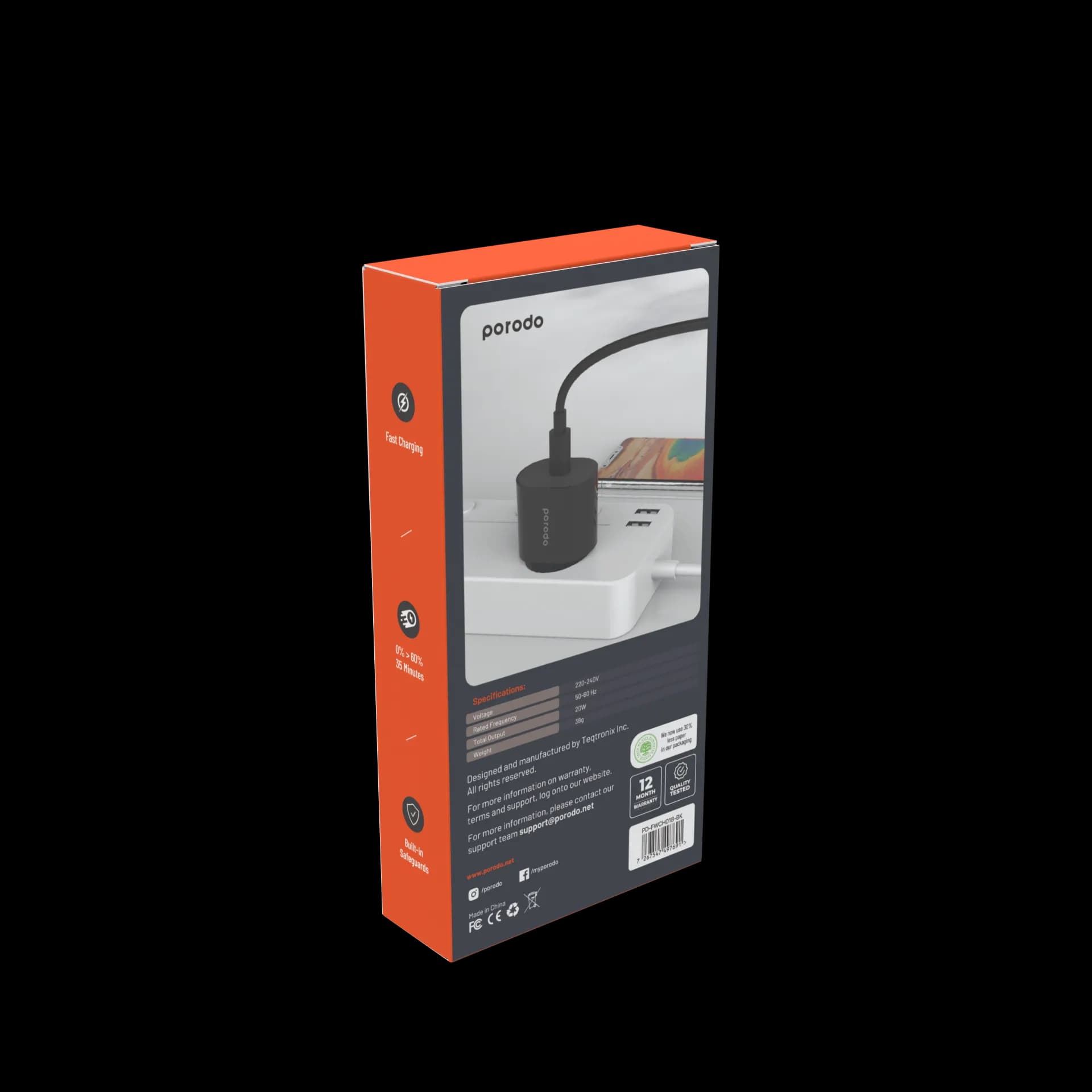 Porodo 20W Single C Port PD Charger EU - Black 2