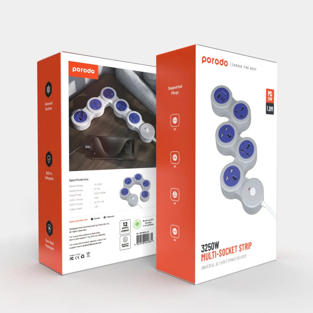 Porodo Multi-Socket Strip: Universal AC & USB-C Power Delivery 1.8m 3