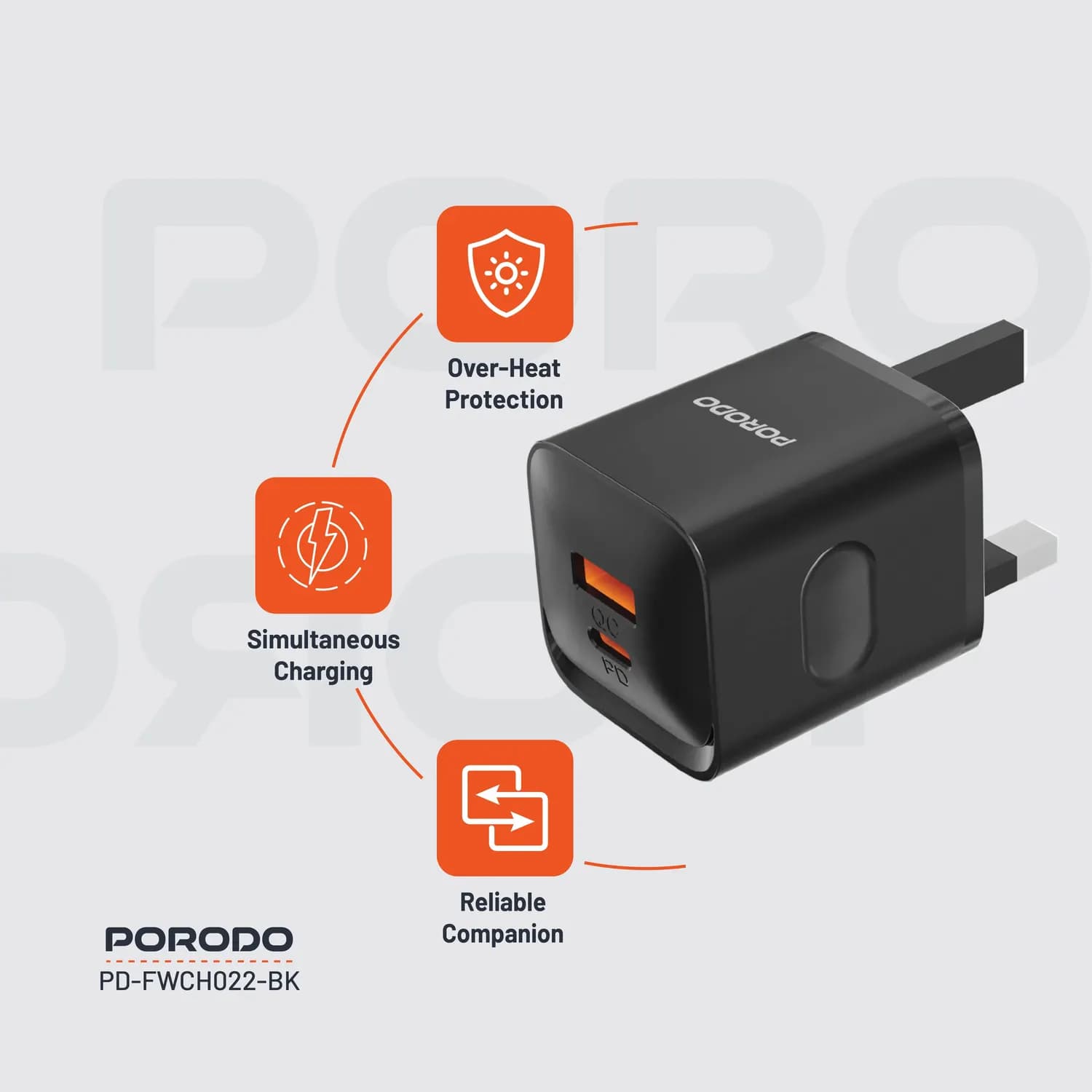 Porodo Wall Charger - Dual Port 20W, Black 2