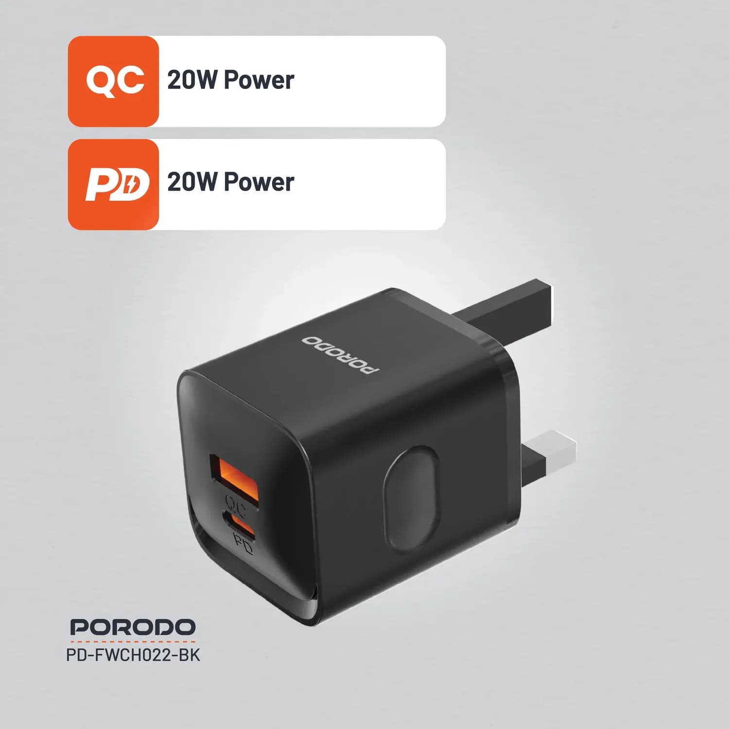 Porodo Wall Charger - Dual Port 20W, Black 3
