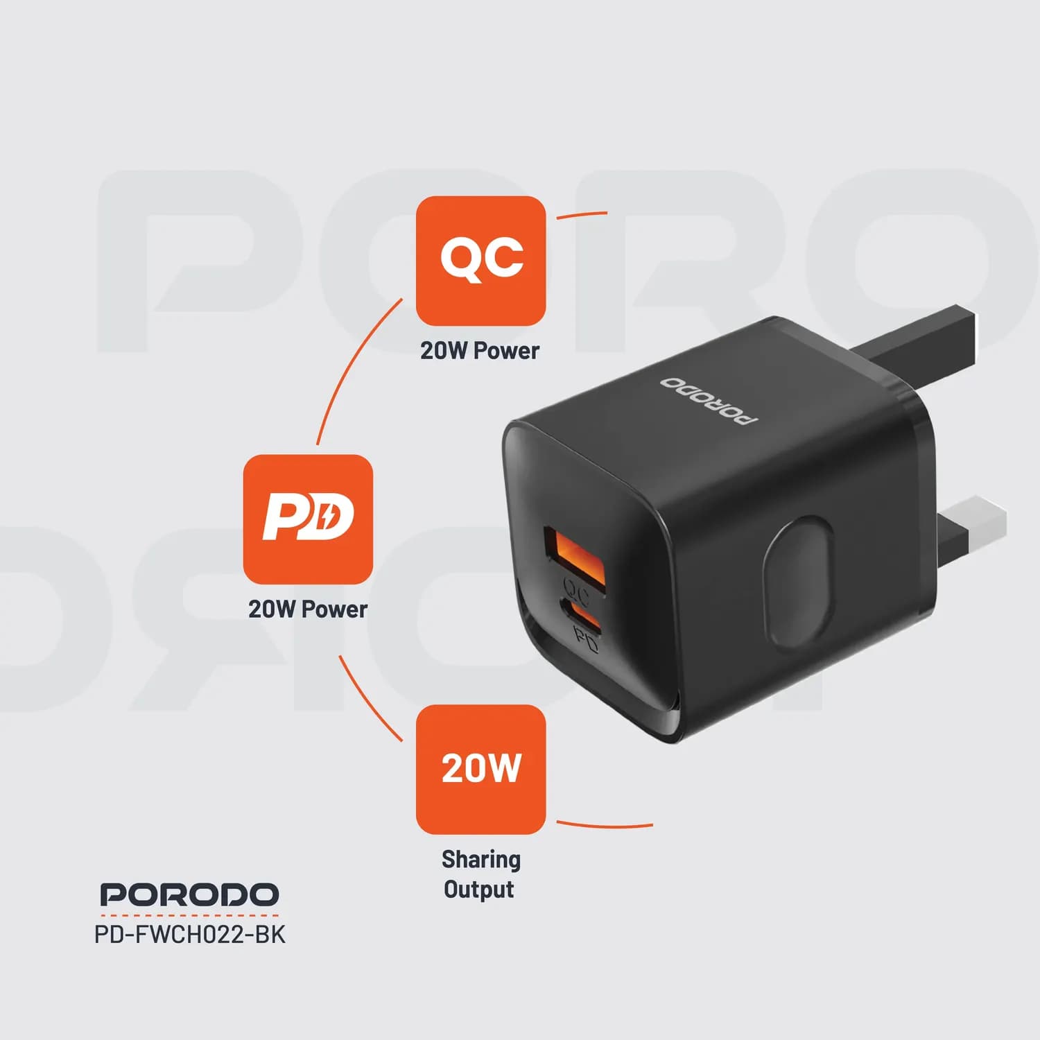 Porodo Wall Charger - Dual Port 20W, Black 4