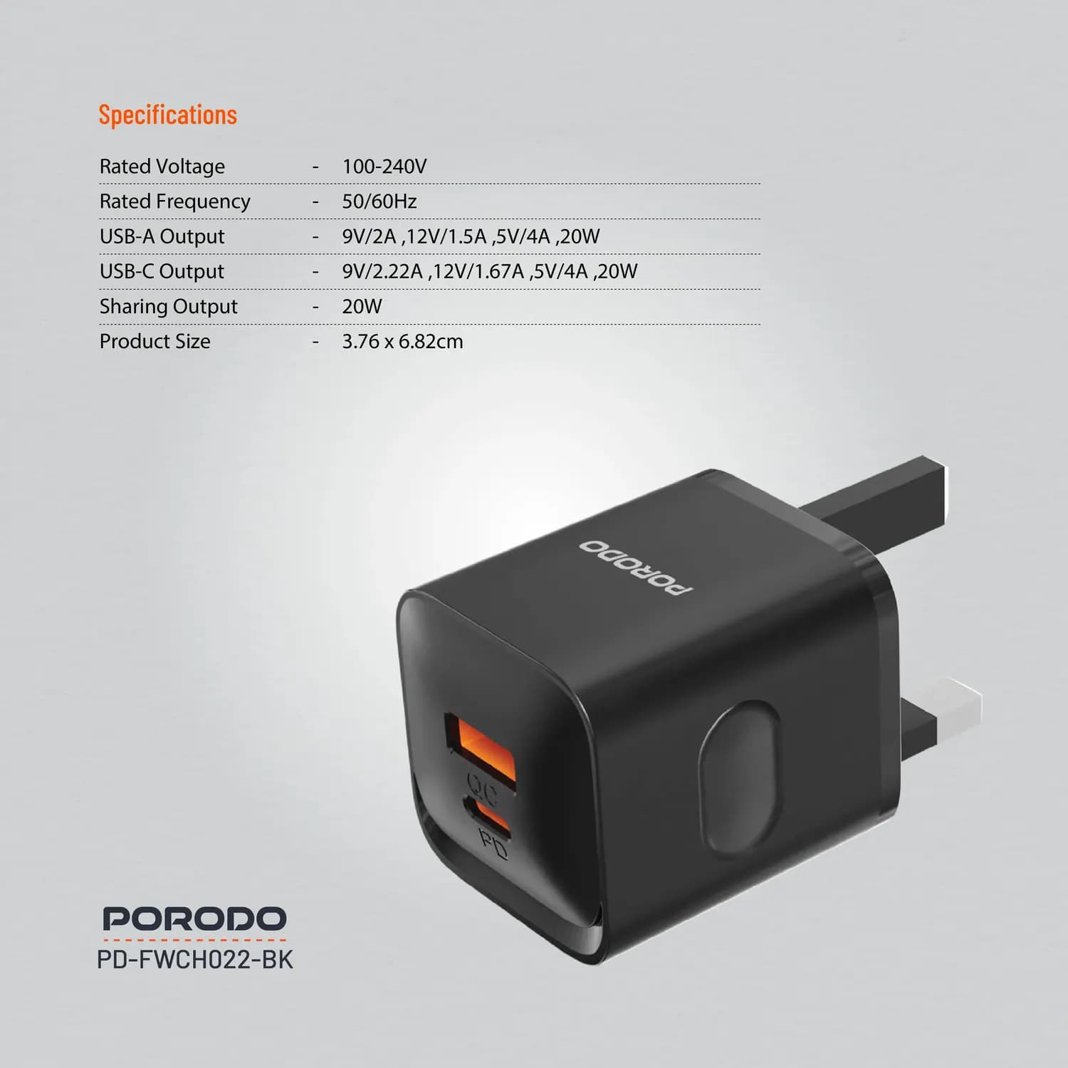 Porodo Wall Charger - Dual Port 20W, Black 5