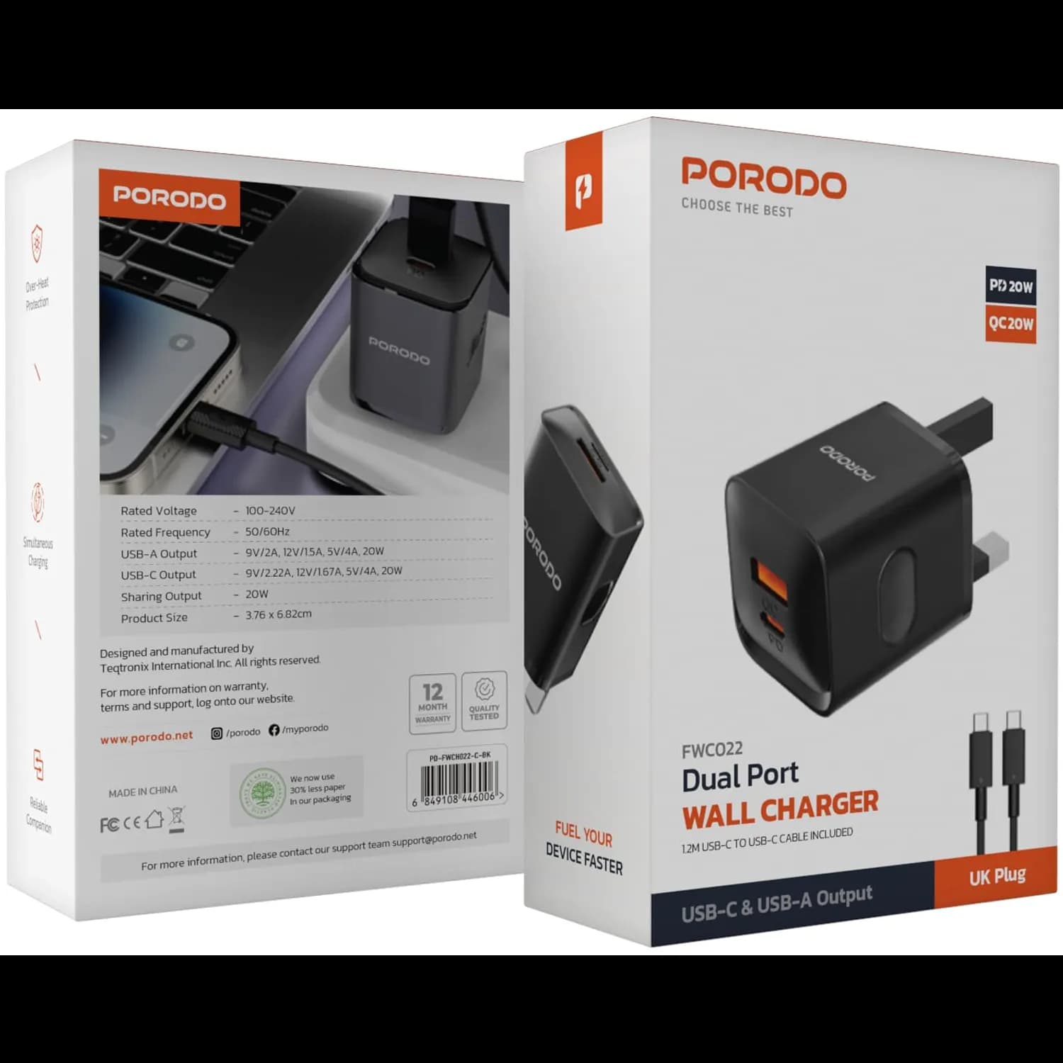 Porodo Dual Port Charger - 20W PD & 18W QC, Black 5