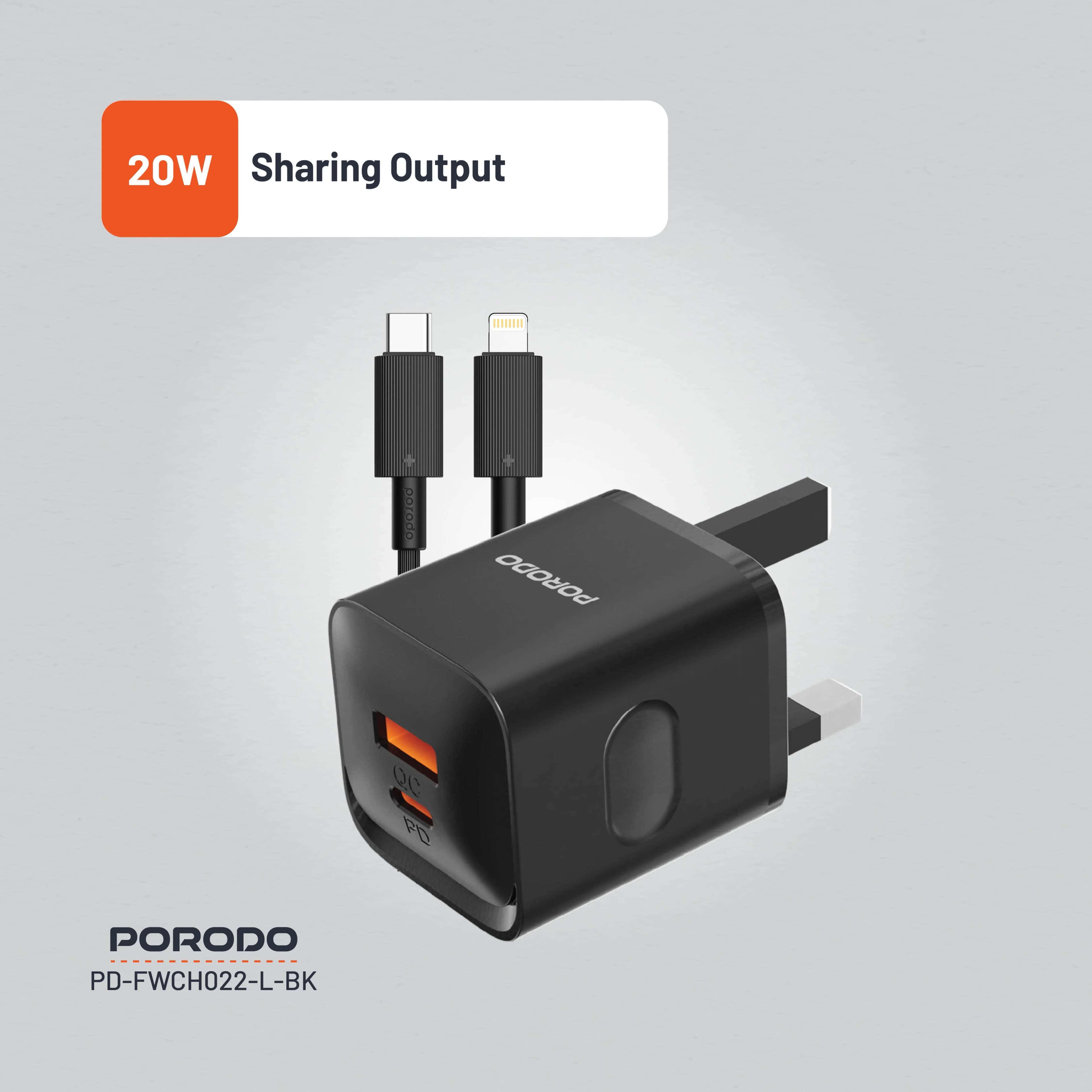 Porodo Wall Charger PDFWCH022LBK - Dual Port 20W, Black 2