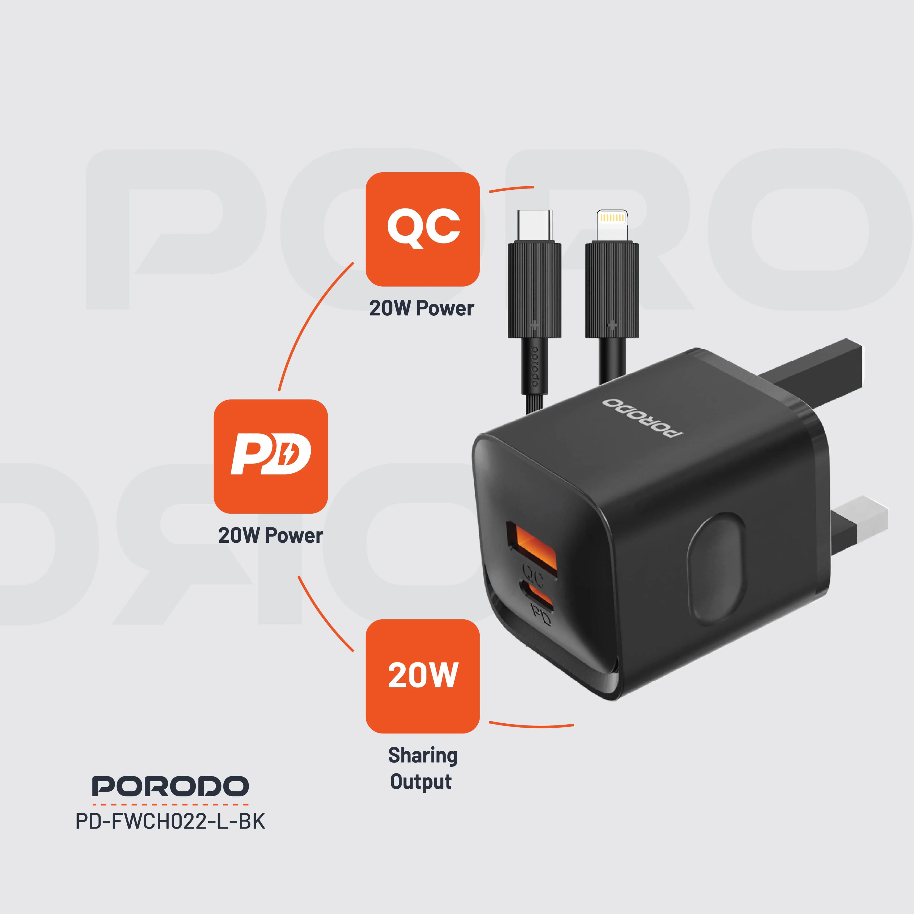 Porodo Wall Charger PDFWCH022LBK - Dual Port 20W, Black 3