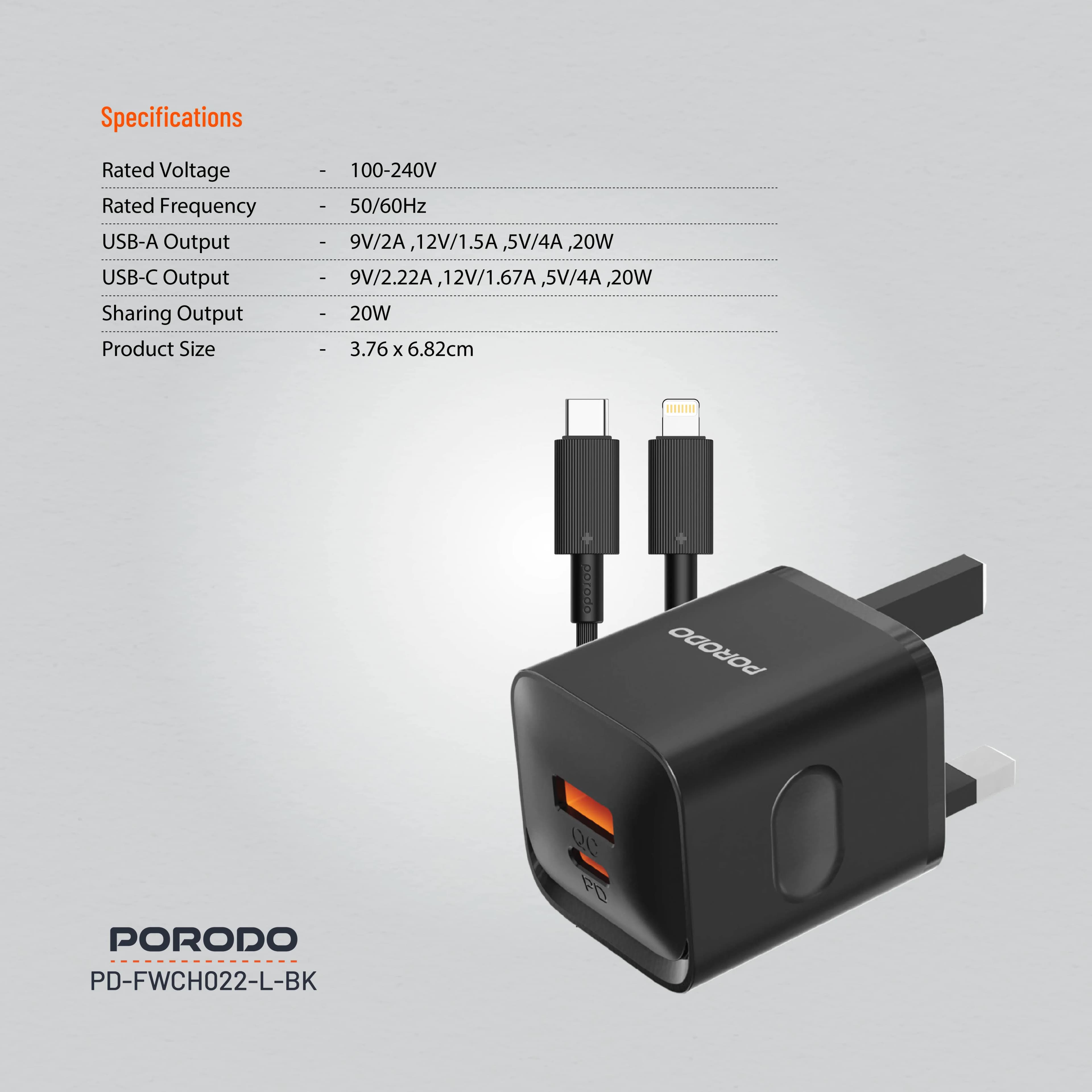 Porodo Wall Charger PDFWCH022LBK - Dual Port 20W, Black 4