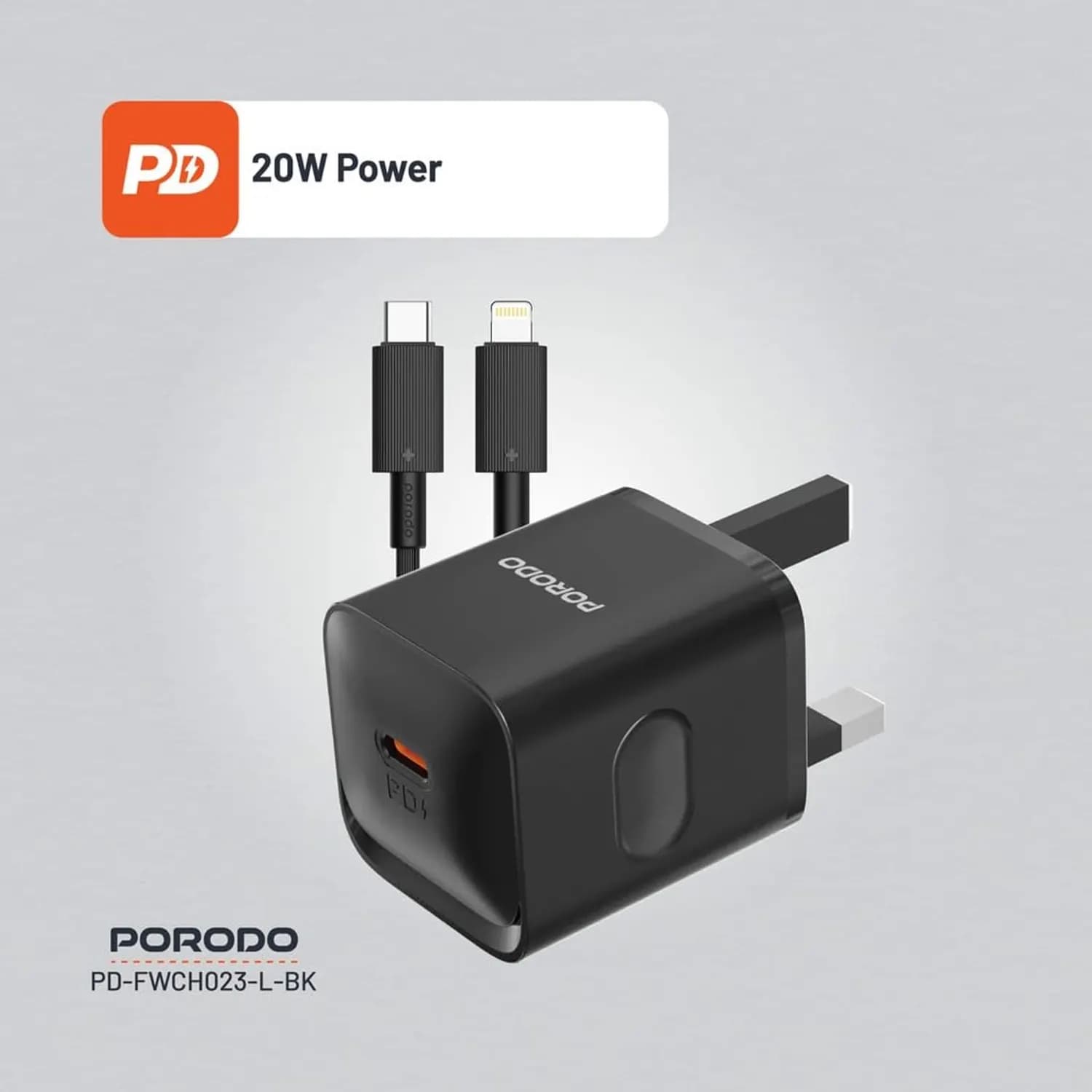 Porodo Charger PD20W with Type-C to Lightning Cable - Black 4
