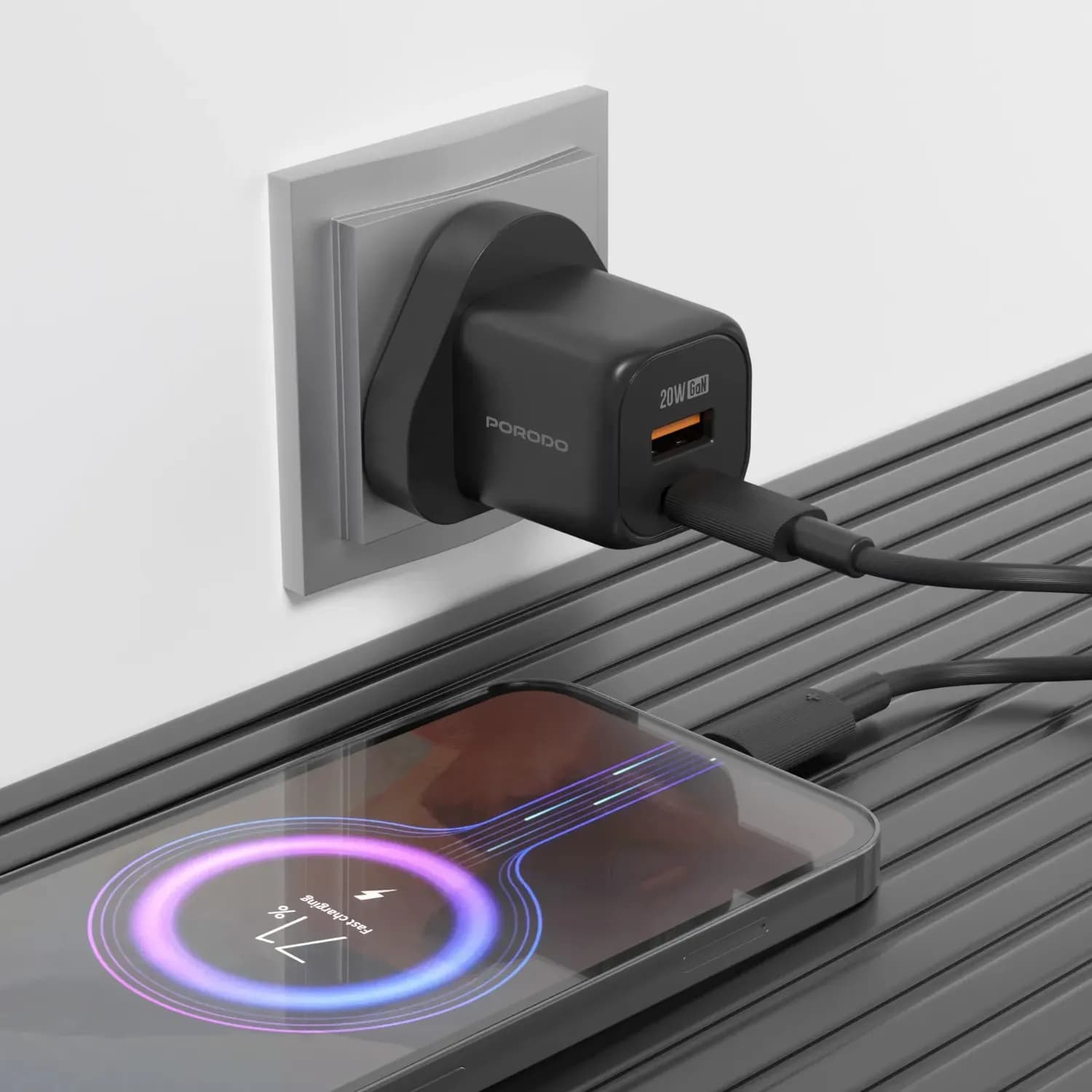 Porodo Fast Charger PD 20W USB-C & USB-A - GaN, Black 2