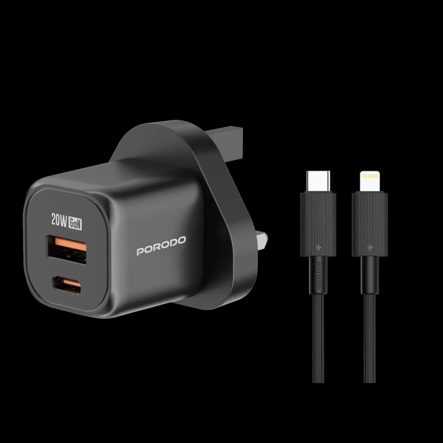 Porodo Fast Charger PD 20W USB-C & USB-A - GaN, Black 1 Porodo Fast Charger PD 20W USB-C & USB-A - GaN, Black 1