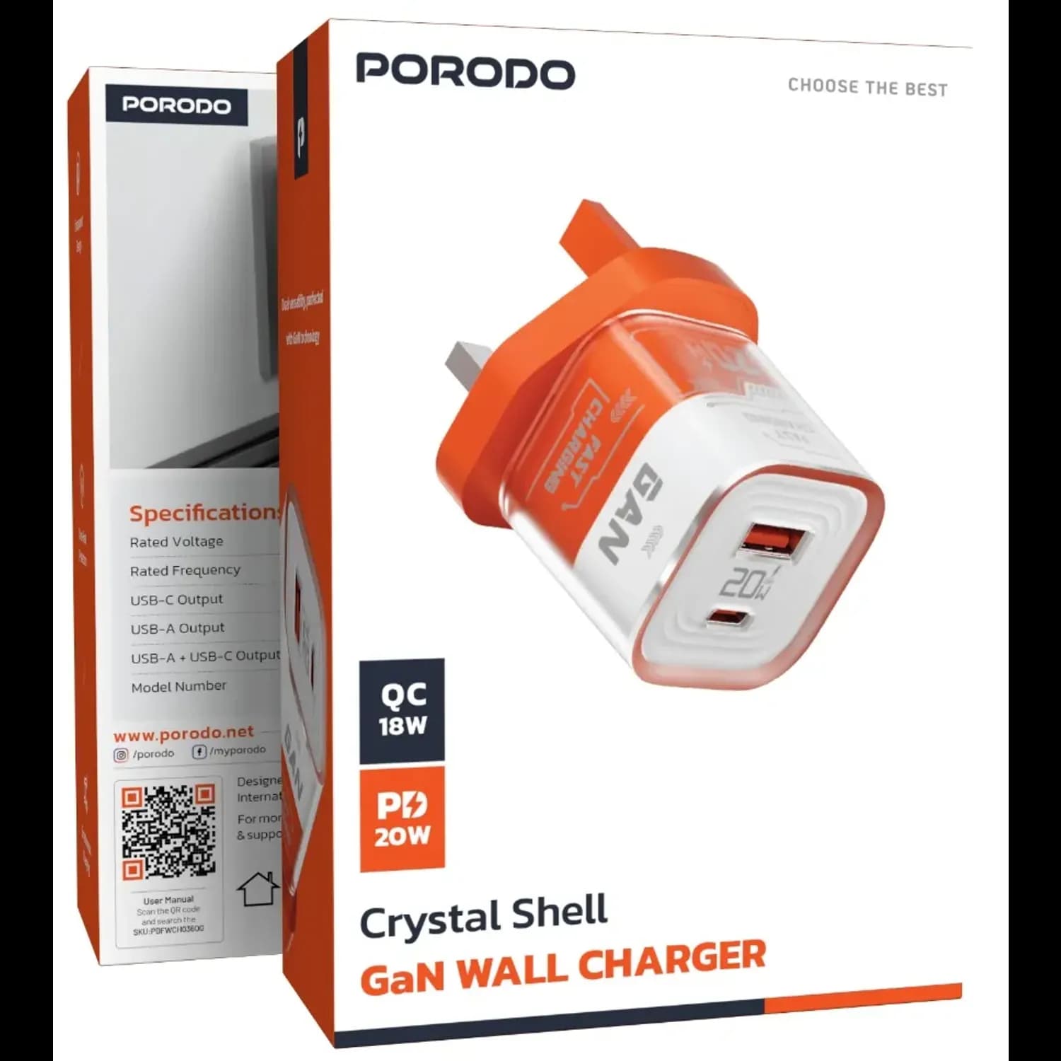 Porodo GaN Wall Charger - Crystal Shell, Orange 4