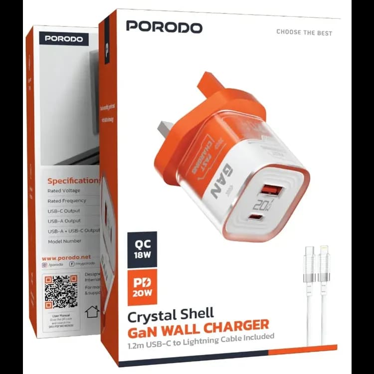 Porodo Charger - GaN 20W PD & QC Fast Charge, Transparent 6