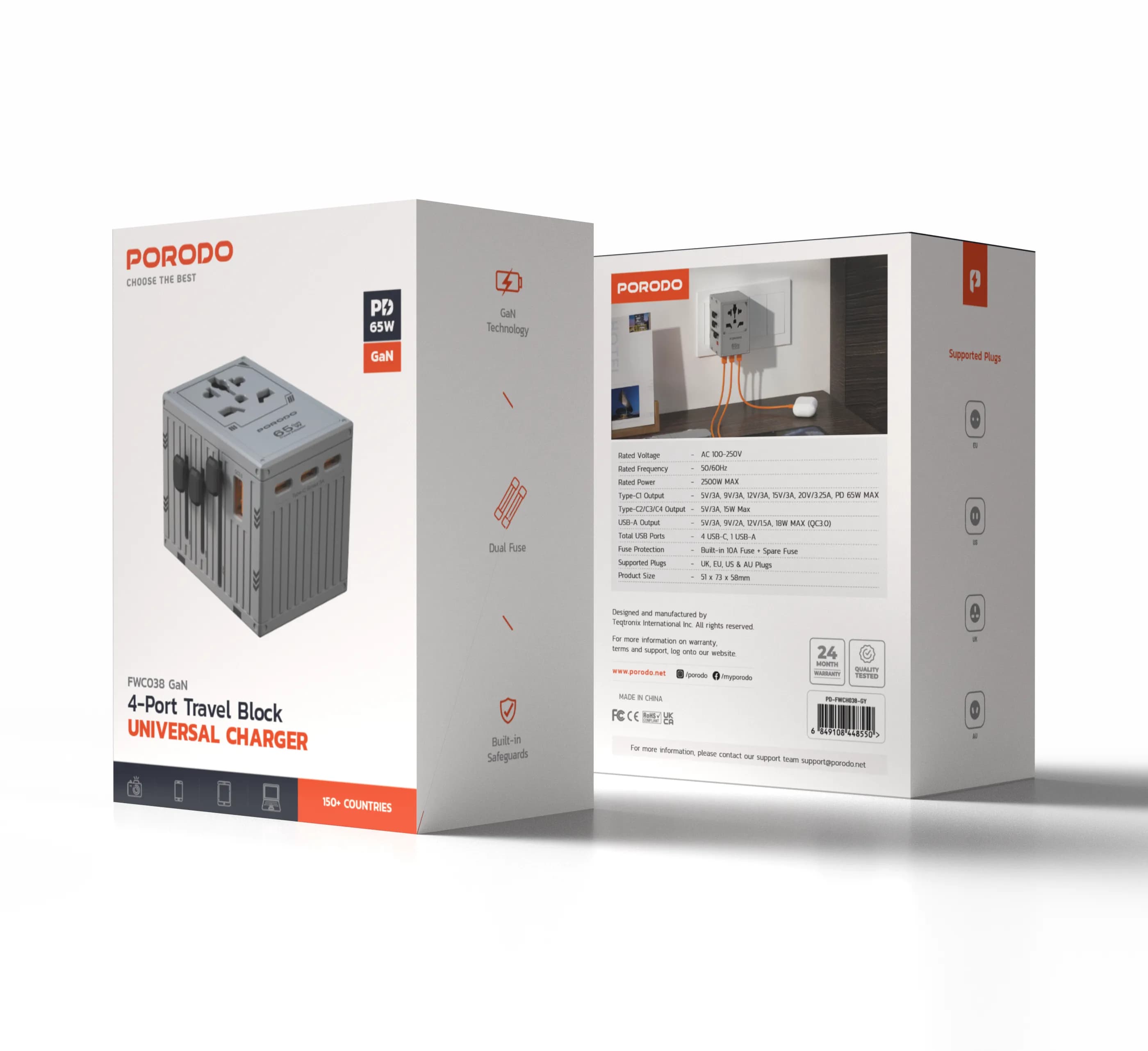 Porodo GaN 5-Port Travel Block Universal Charger - Grey 2