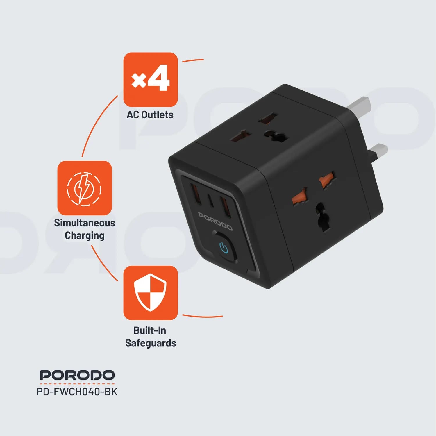 Porodo Adaptor - 20W QC 3.0, 2A+1 Type C, Black 3