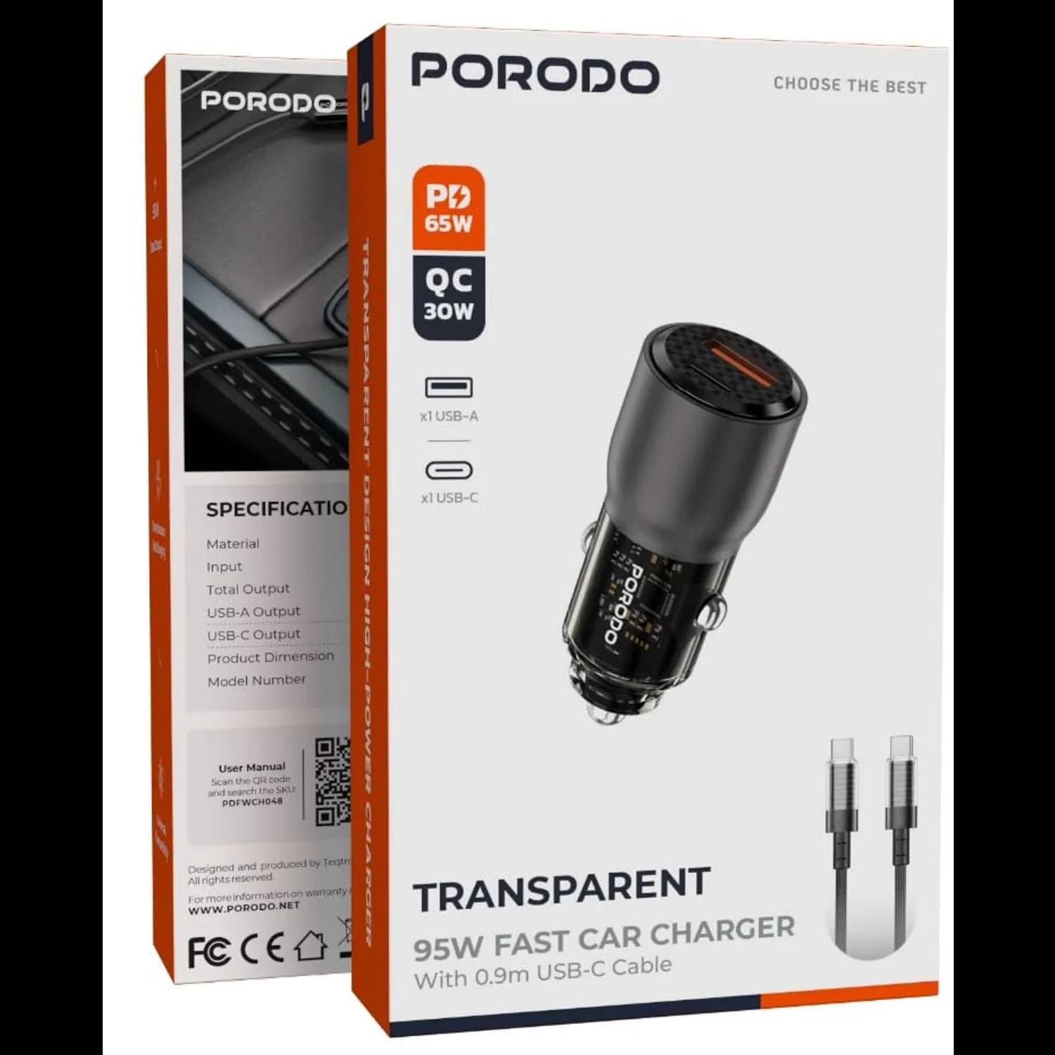 Porodo Car Charger - 95W PD/QC Dual Port, Transparent 2