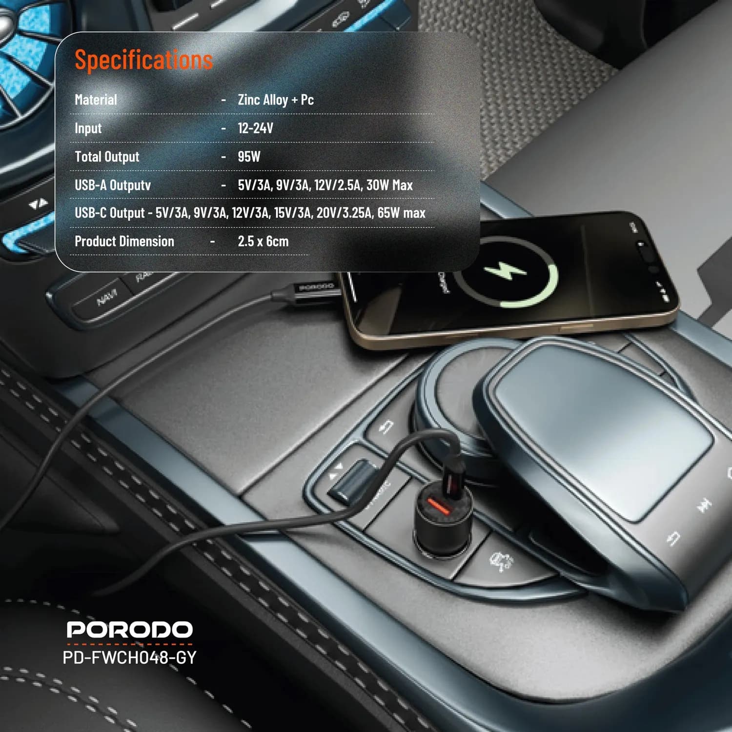 Porodo Car Charger - 95W PD/QC Dual Port, Grey 2