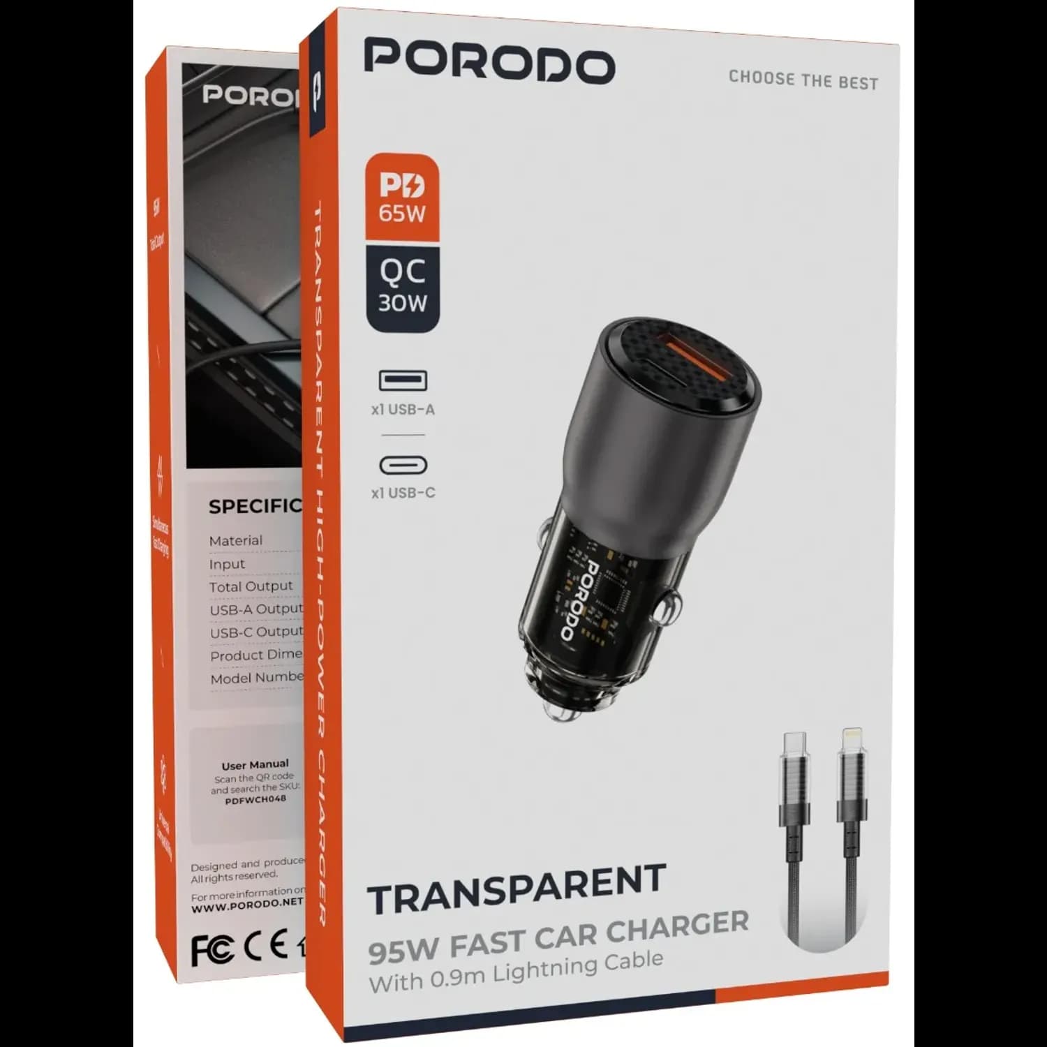 Porodo Car Charger - 95W PD + QC, Grey Transparent 2