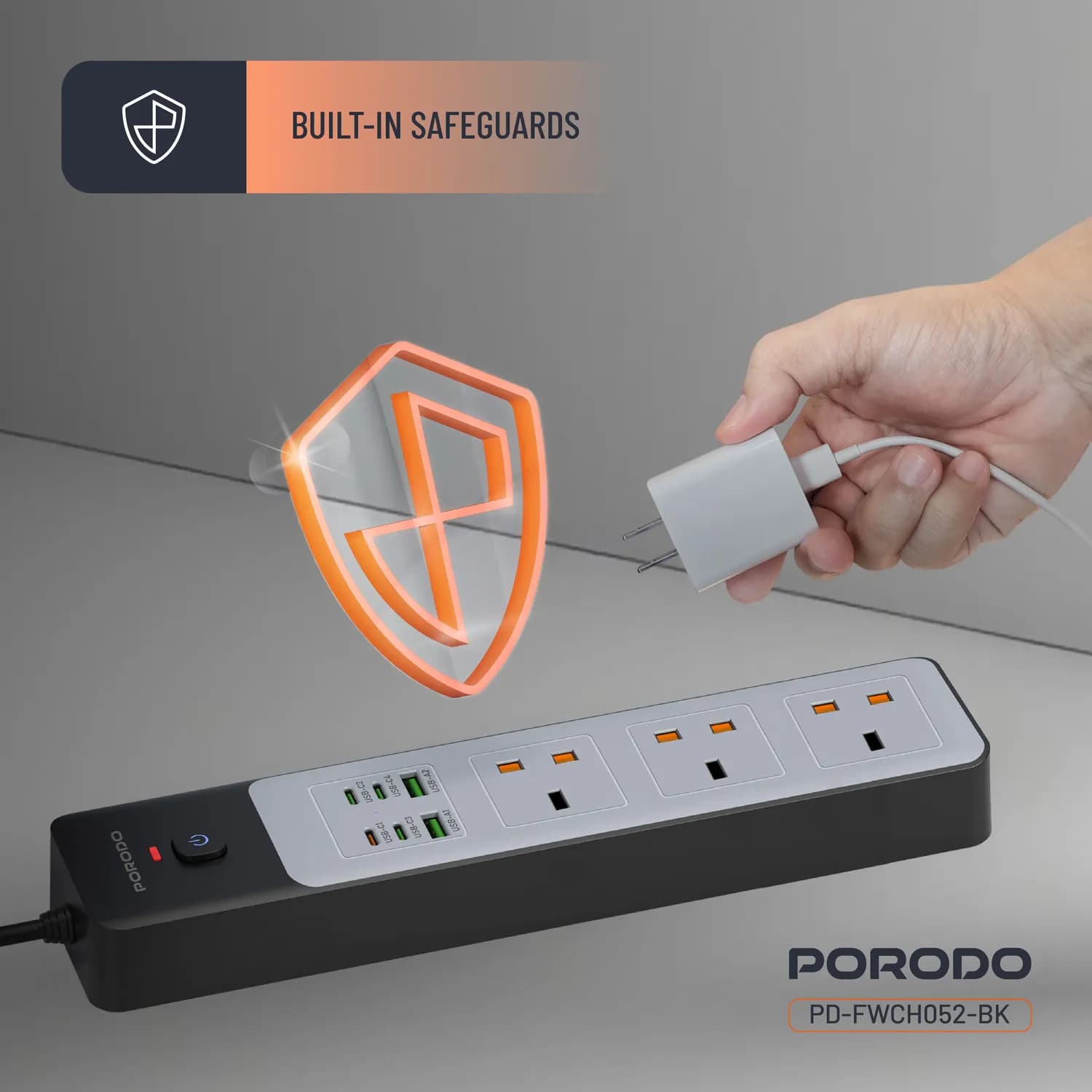 Porodo Power Strip - 3000W, 9 Outlets, USB-A & USB-C, Black 2