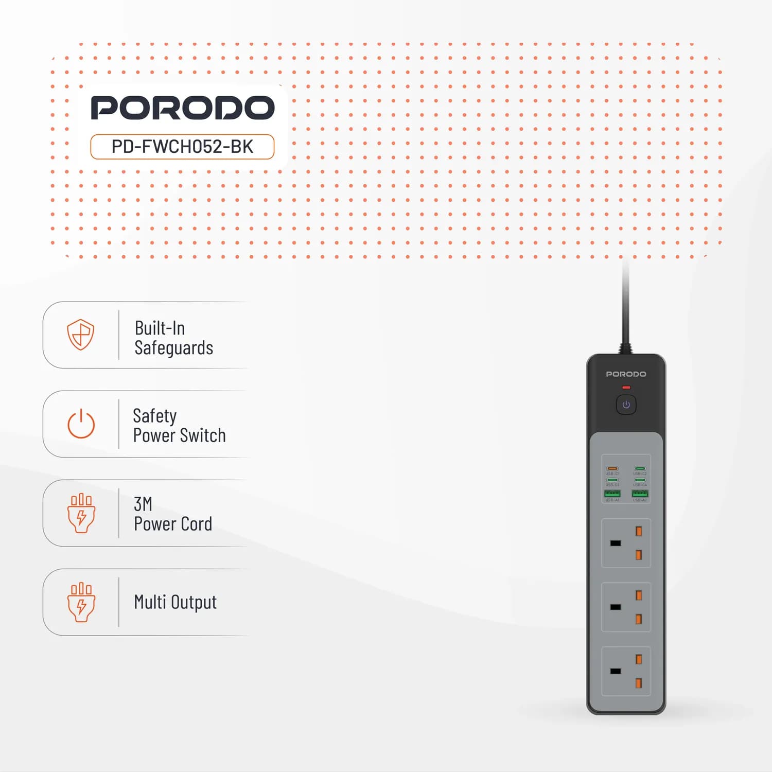 Porodo Power Strip - 3000W, 9 Outlets, USB-A & USB-C, Black 3