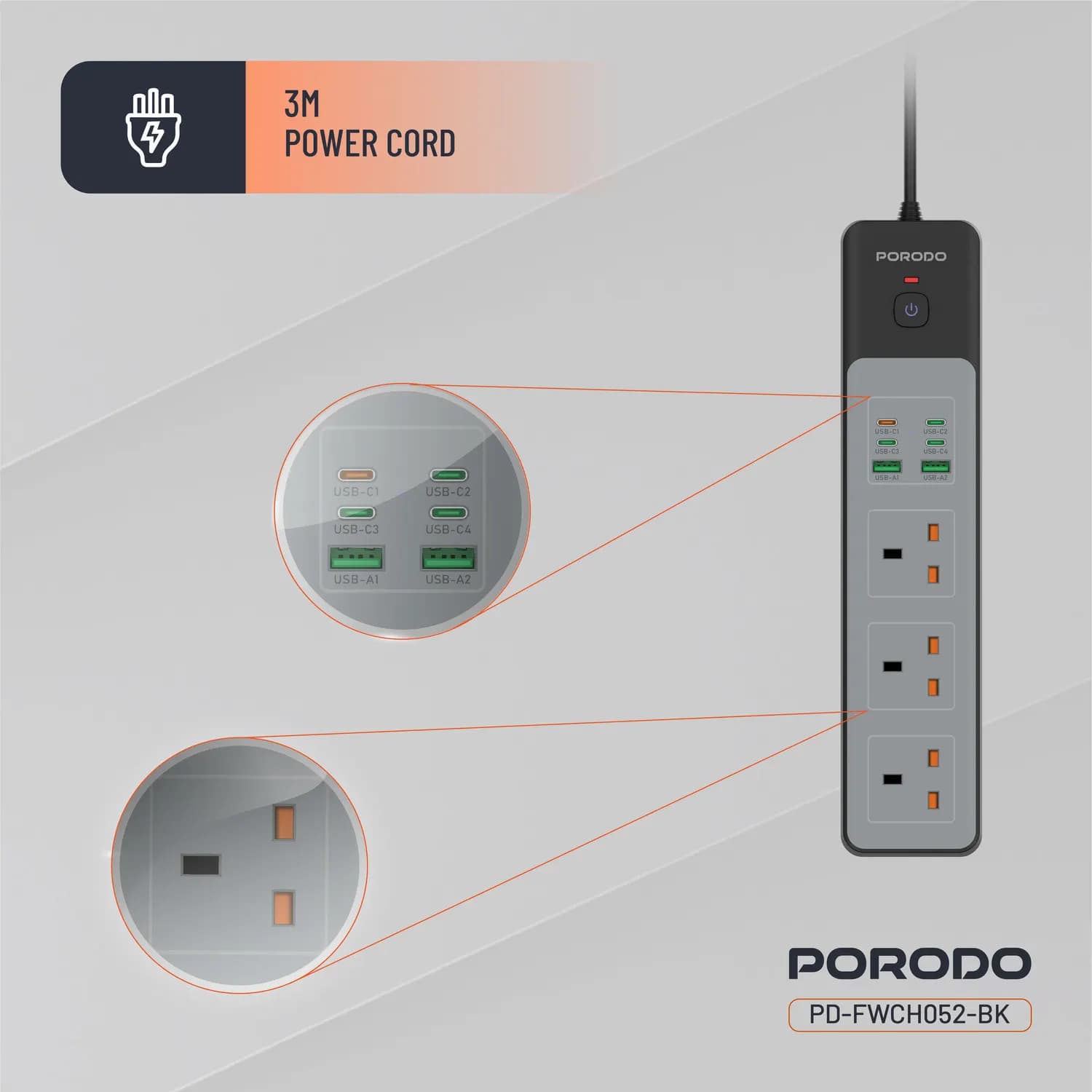 Porodo Power Strip - 3000W, 9 Outlets, USB-A & USB-C, Black 4