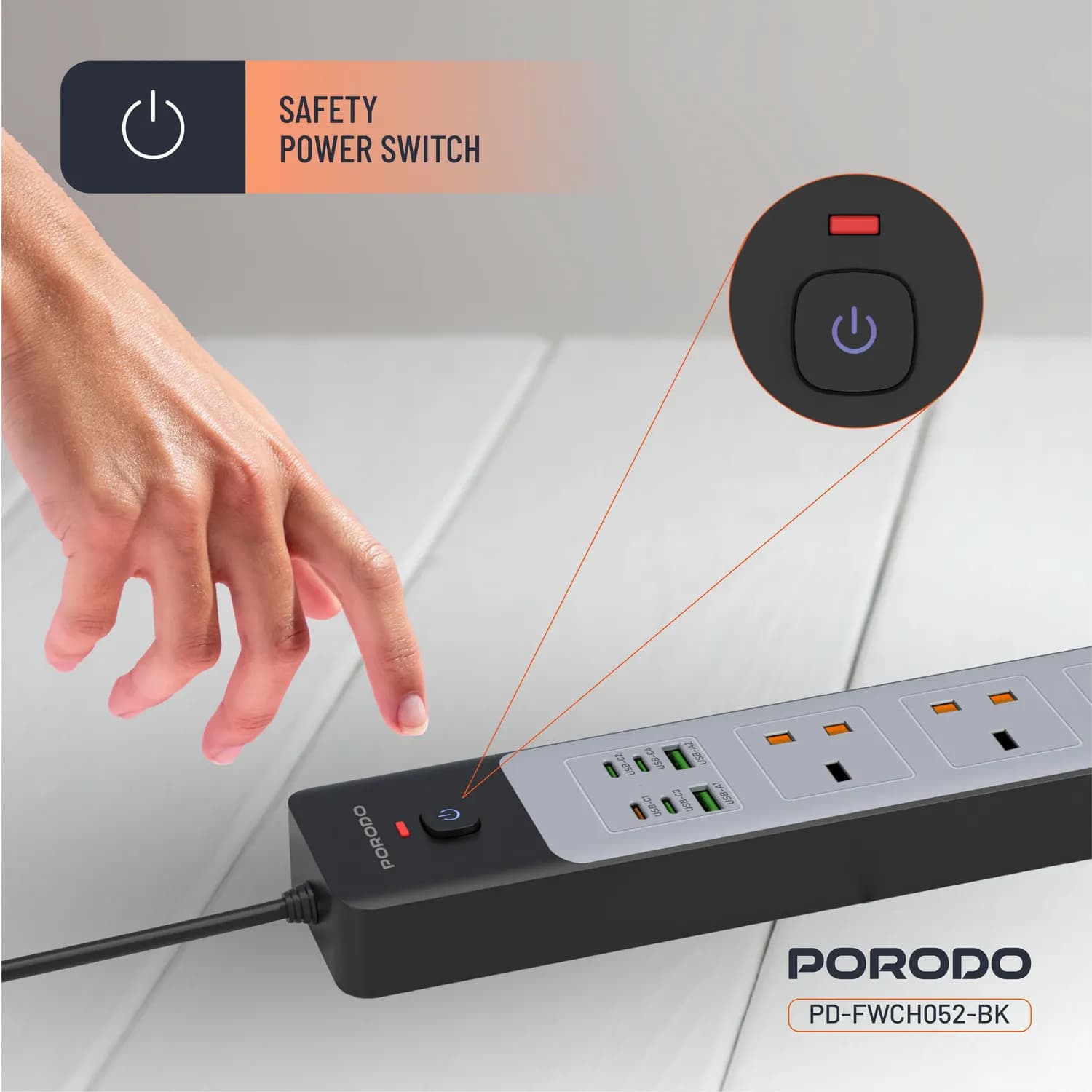 Porodo Power Strip - 3000W, 9 Outlets, USB-A & USB-C, Black 5