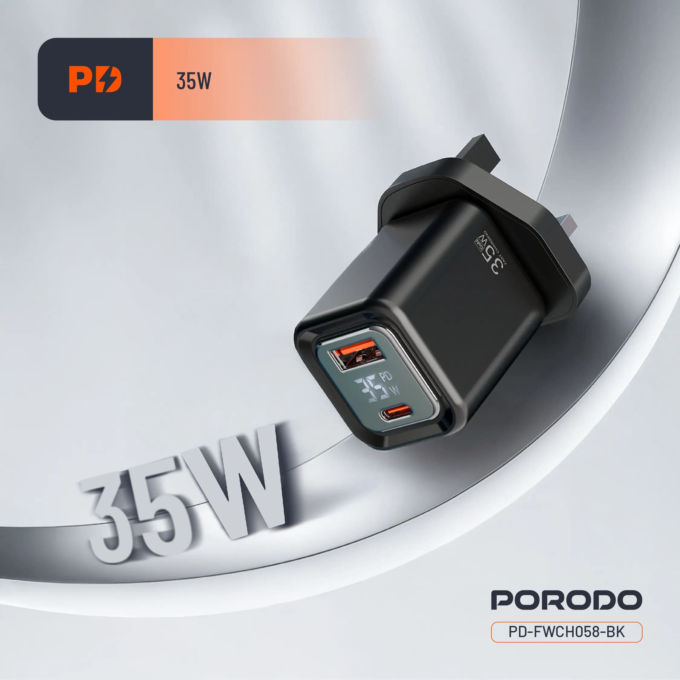 Porodo Dual-Port Quick Charger PD-FWCH058-BK - Digital Display, Black 2