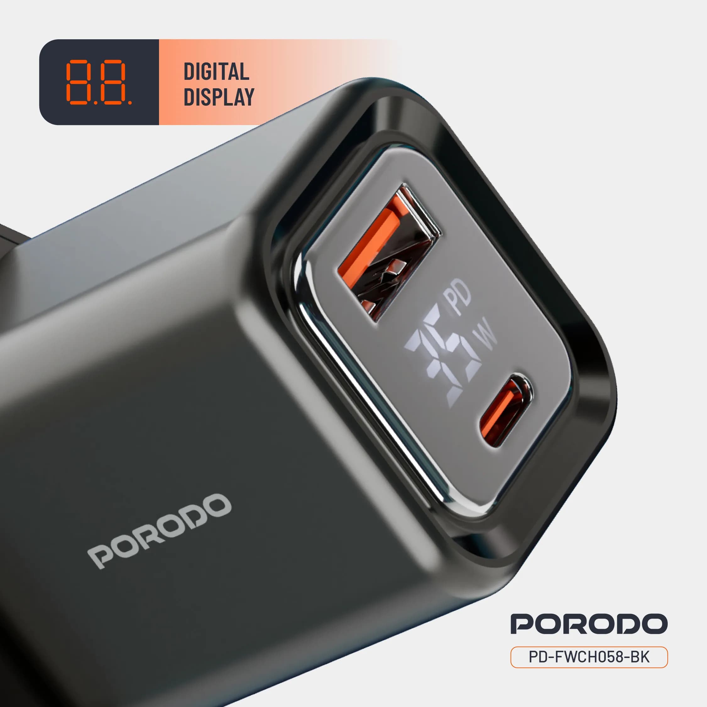 Porodo Dual-Port Quick Charger PD-FWCH058-BK - Digital Display, Black 4