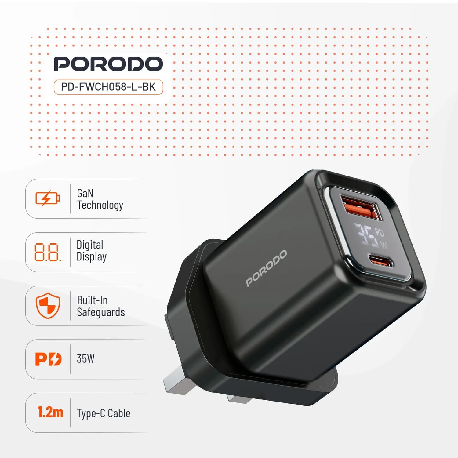 Porodo Charger - 35W PD GaN, USB-A & USB-C, Digital Display 3