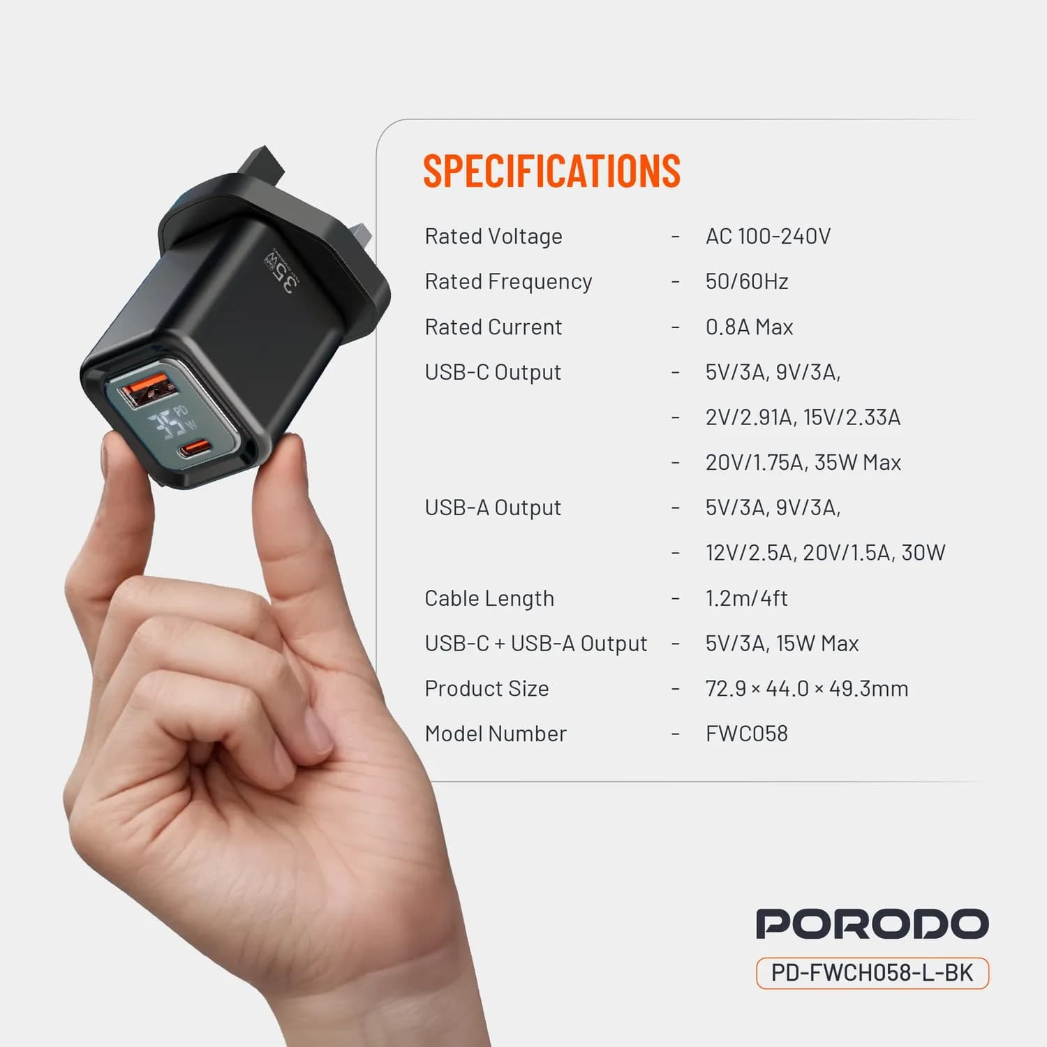 Porodo Charger - 35W PD GaN, USB-A & USB-C, Digital Display 4