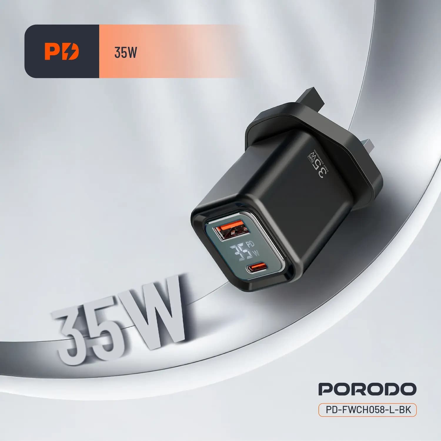 Porodo Dual-Port Quick Charger - Digital Display, Black 2