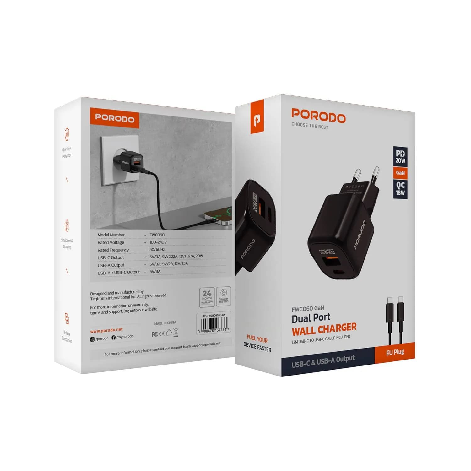 Porodo Dual Port Wall Charger PD20W+USB - Fast Charge, Black — Black 2