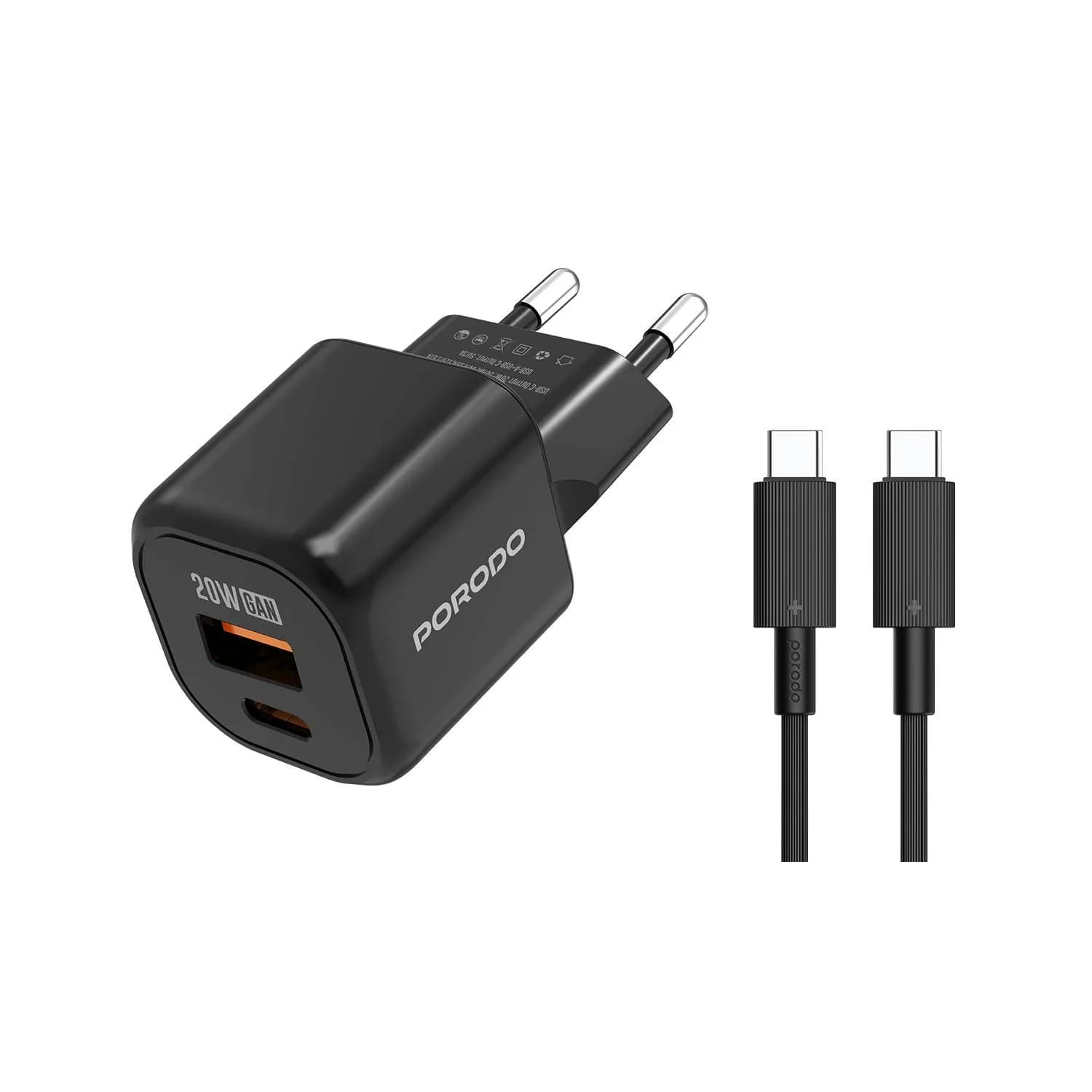 Porodo Dual Port Wall Charger PD20W+USB - Fast Charge, Black — Black 3
