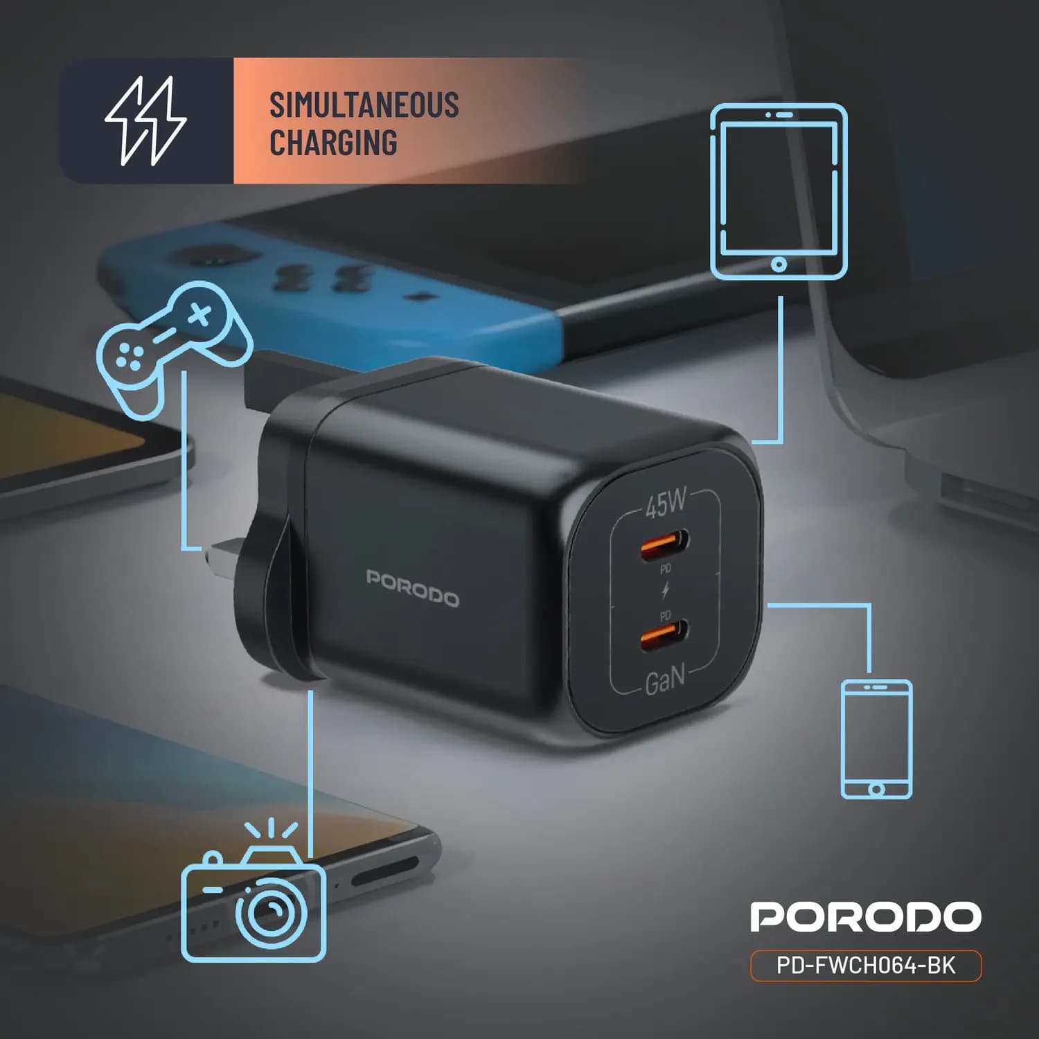 Porodo Dual USB-C Quick Charger - 45W, Black 2