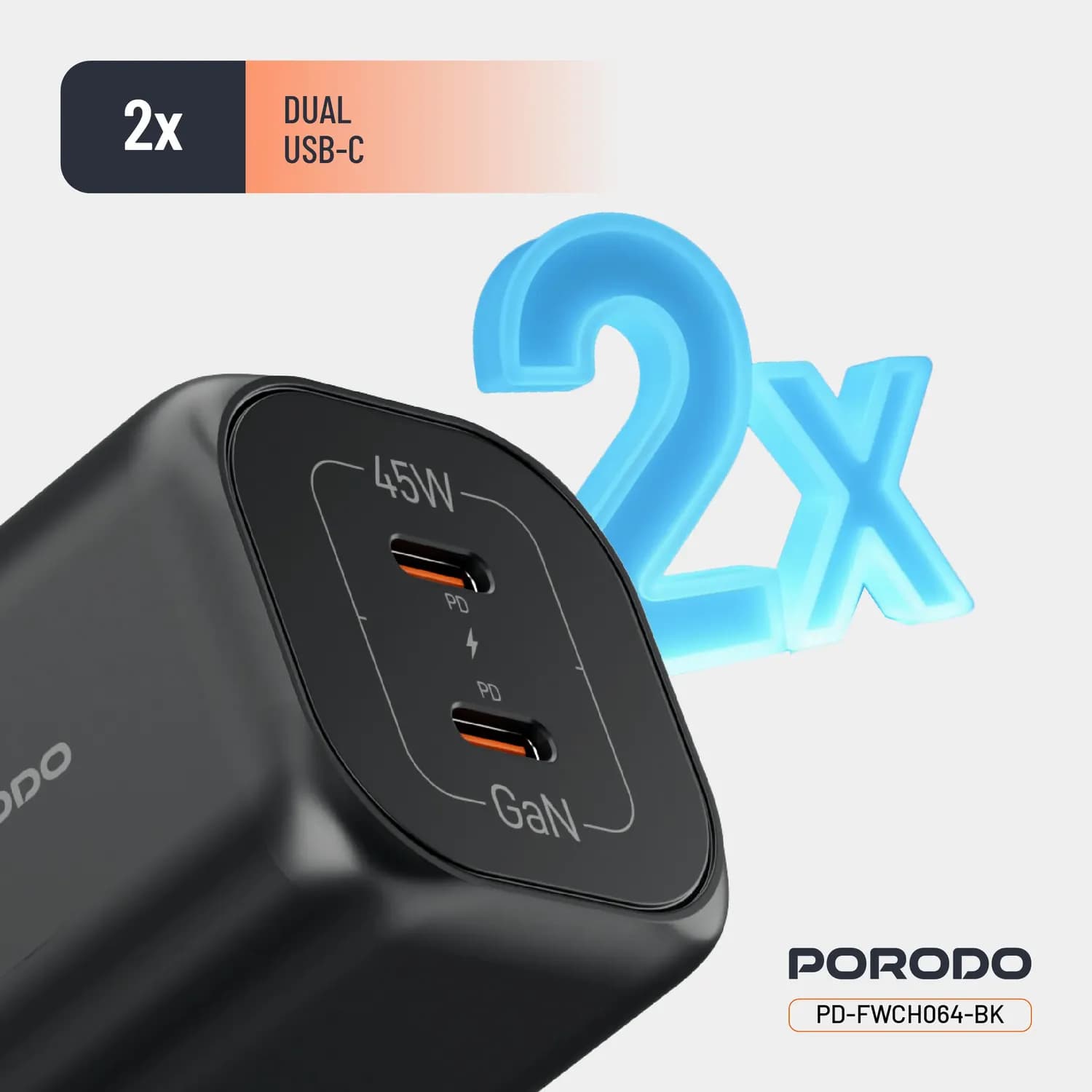 Porodo Dual USB-C Quick Charger - 45W, Black 3