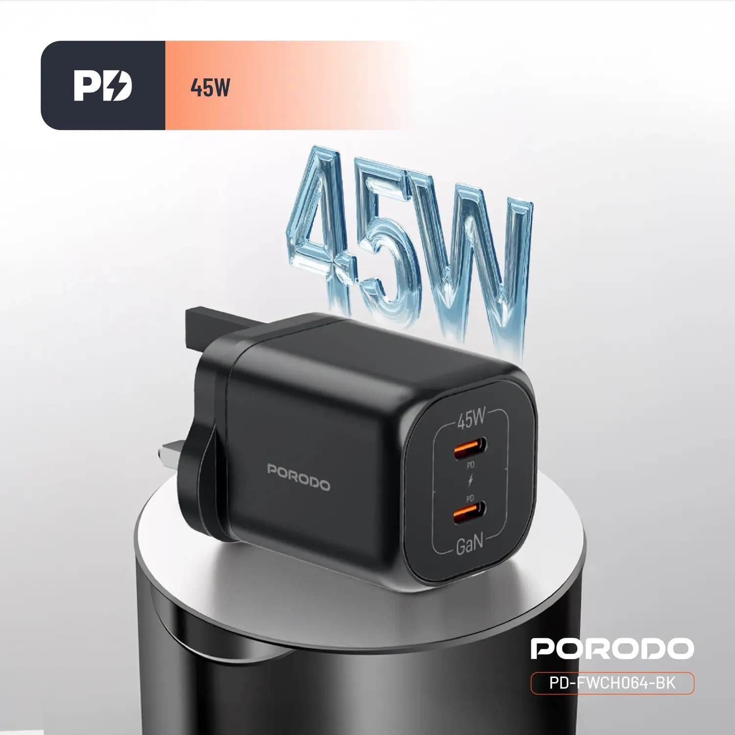 Porodo Dual USB-C Quick Charger - 45W, Black 4