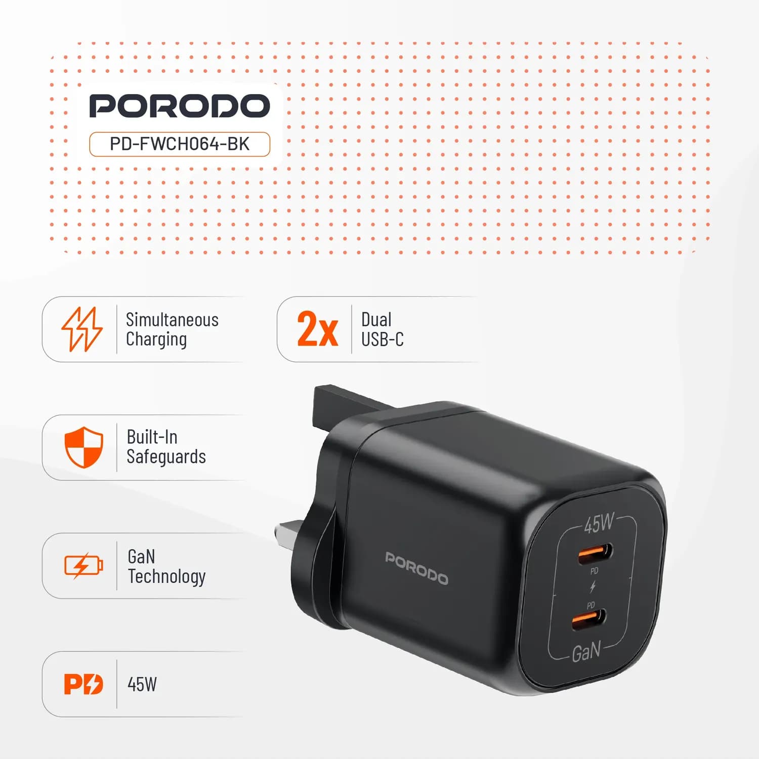 Porodo Dual USB-C Quick Charger - 45W, Black 5